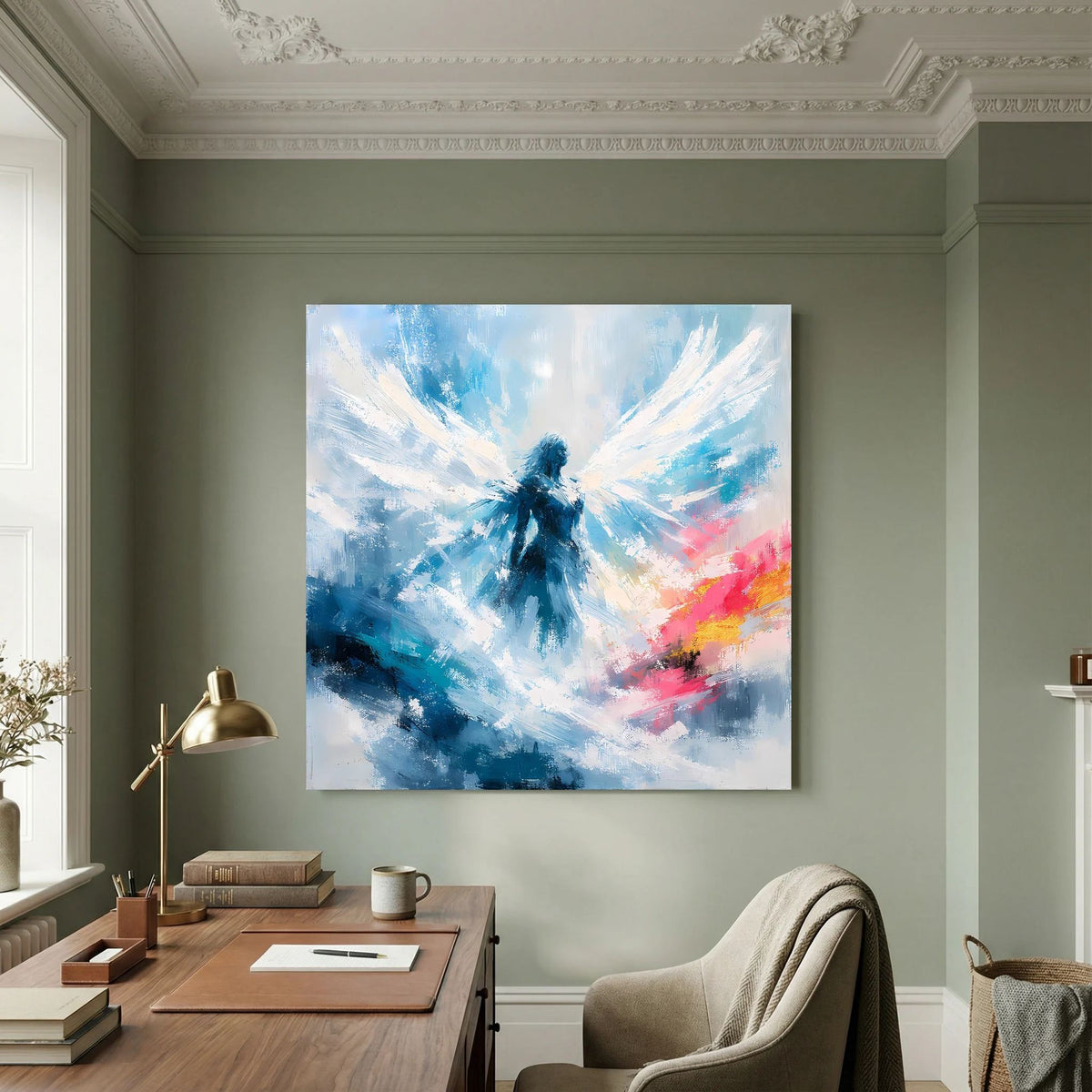Quadratisches Leinwand-Wandbild mit abstraktem Engel in Blau, Weiß und rosafarbenen Akzenten.