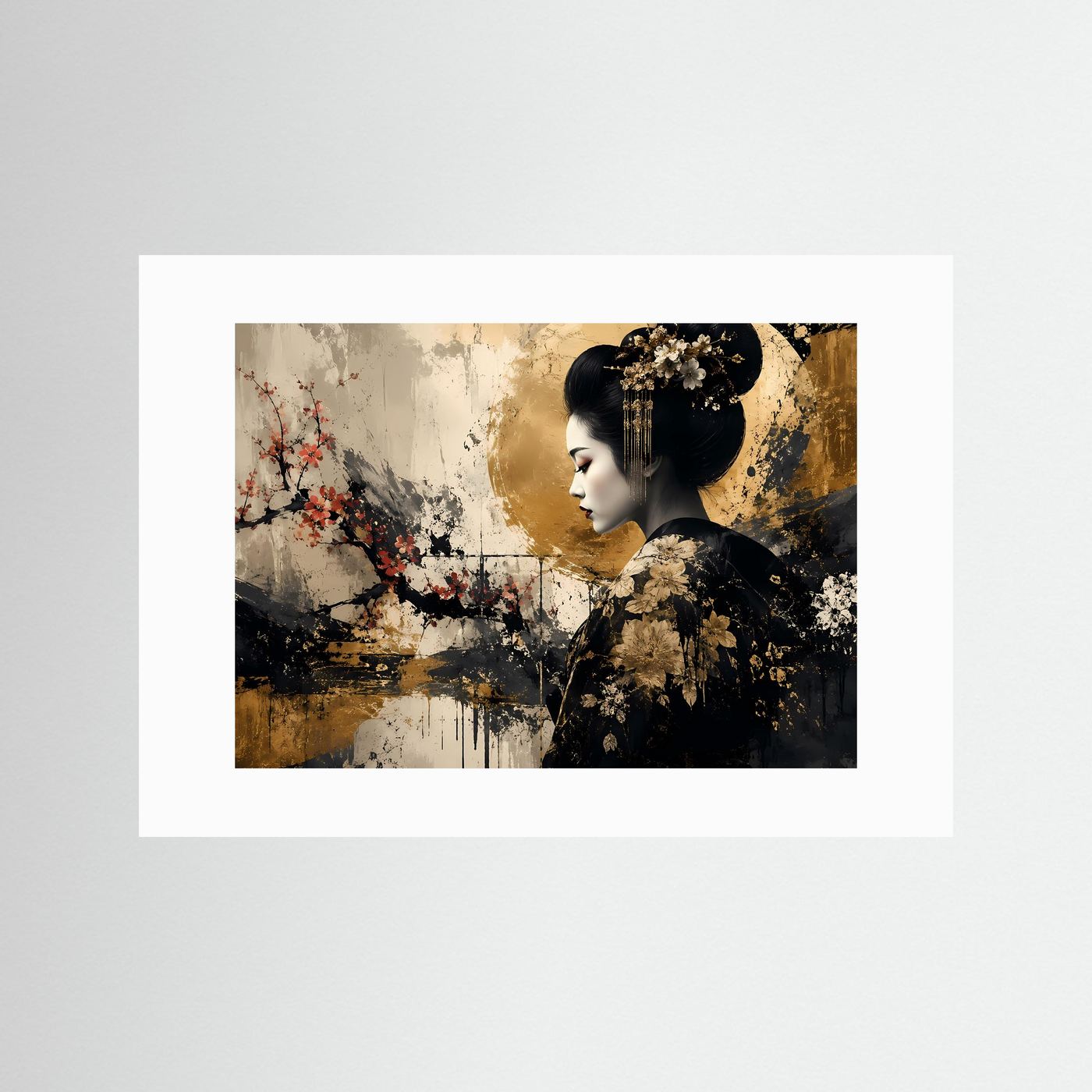 Elegante Geisha mit Kirschblüten | Abstraktes Japan Poster in Schwarz & Gold | Edles Wandbild Querformat