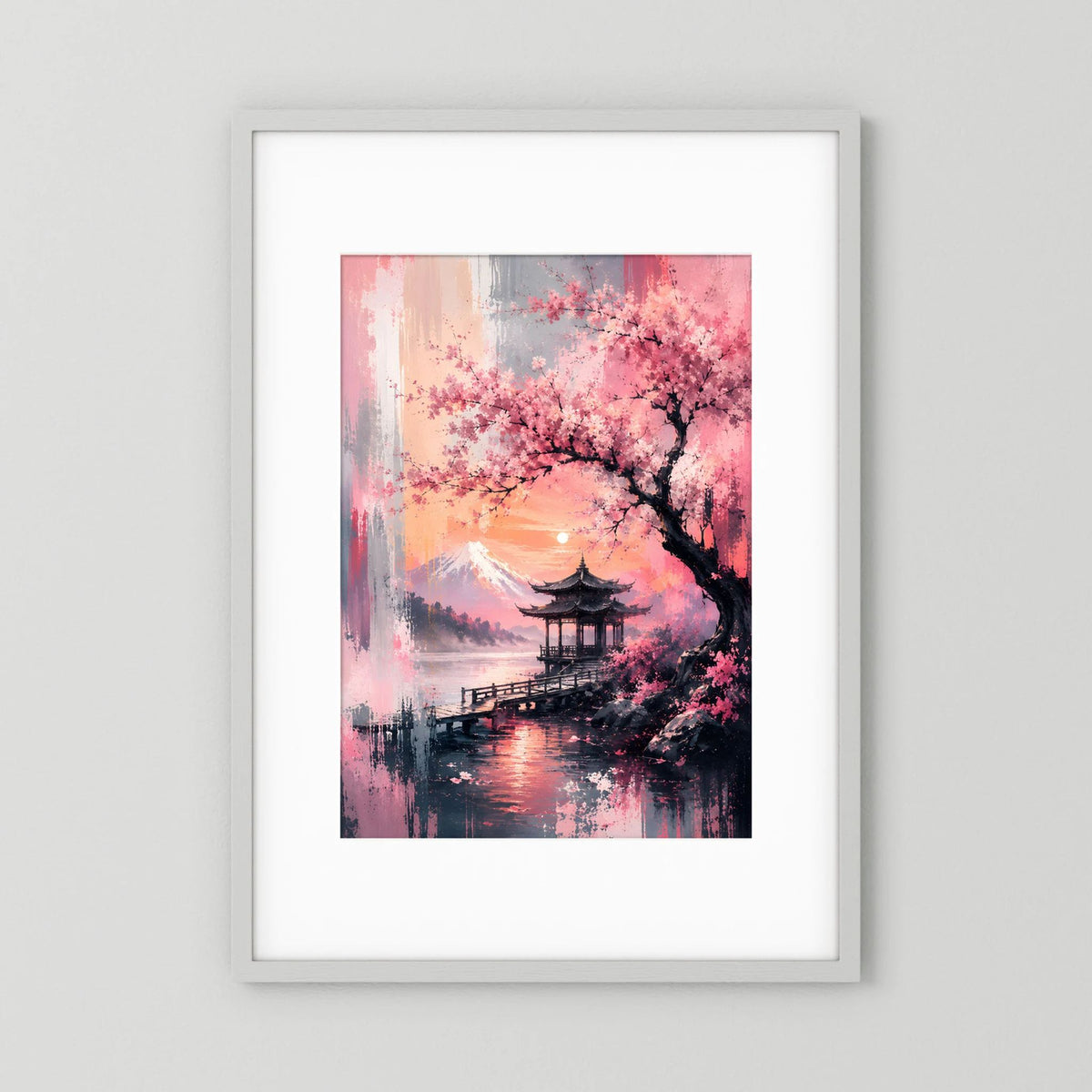 Japanisches Poster mit Kirschblüten, stillem See und Pavillon