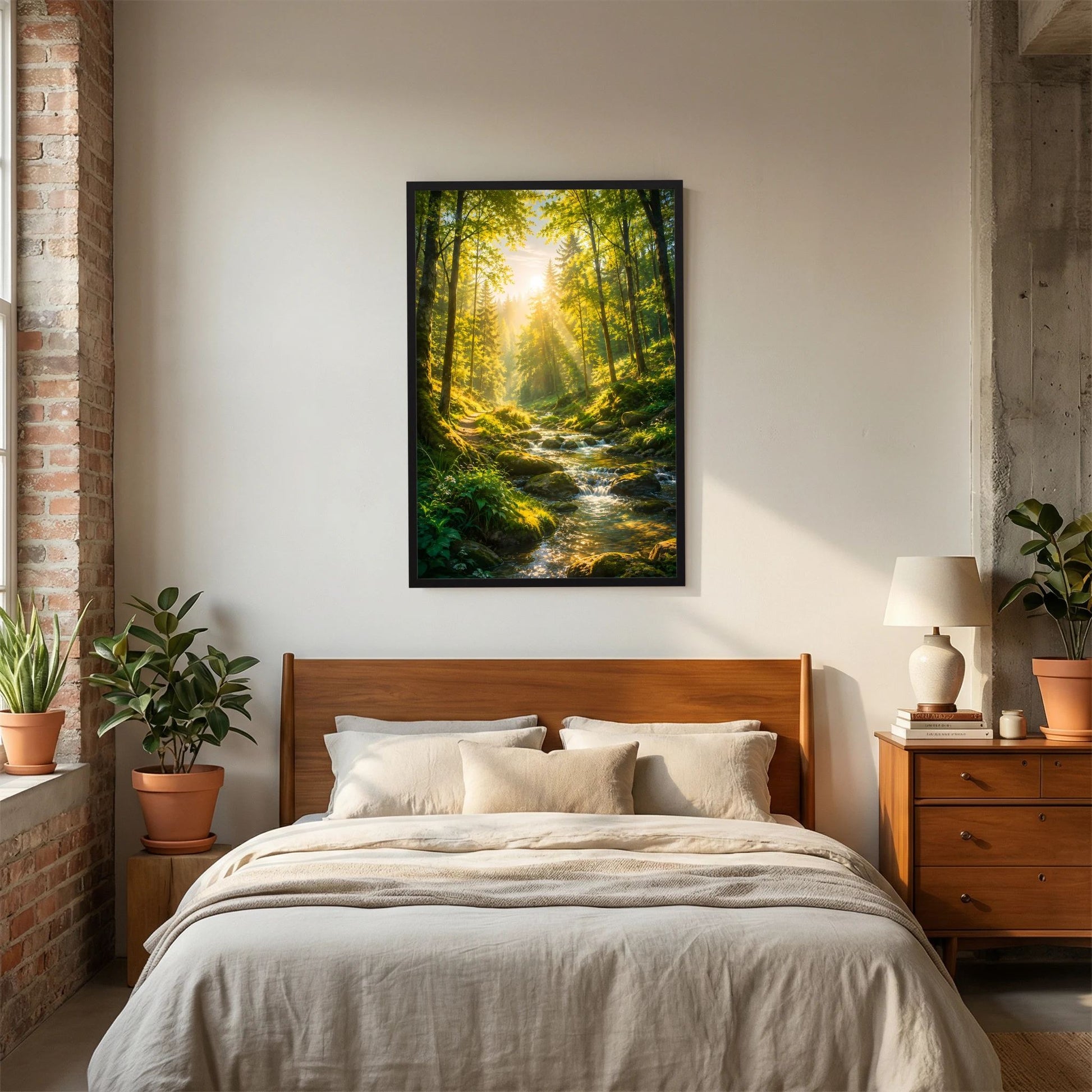Poster mit schwarzem Rahmen: Waldbach im Wald, helle Sonnenkegel, Hochformat