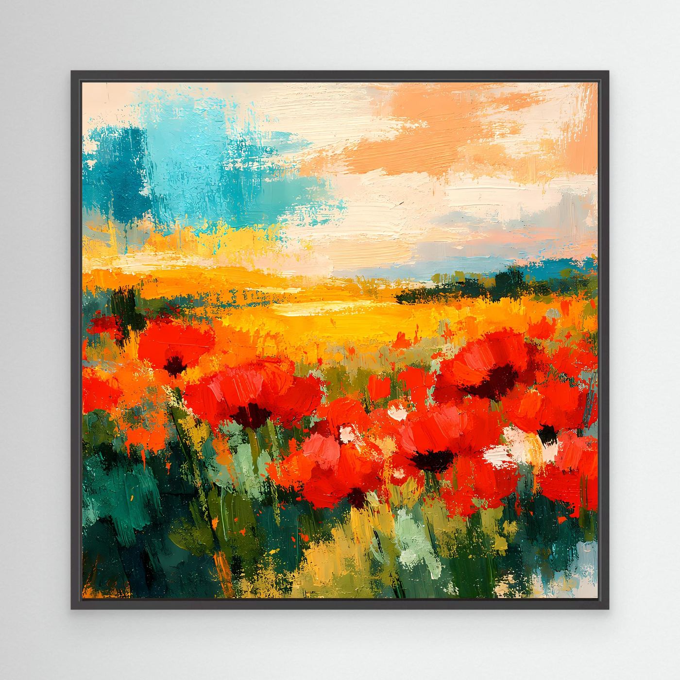 Abstract poppy field canvas wall art with black frame, red blooms and warm sunset sky