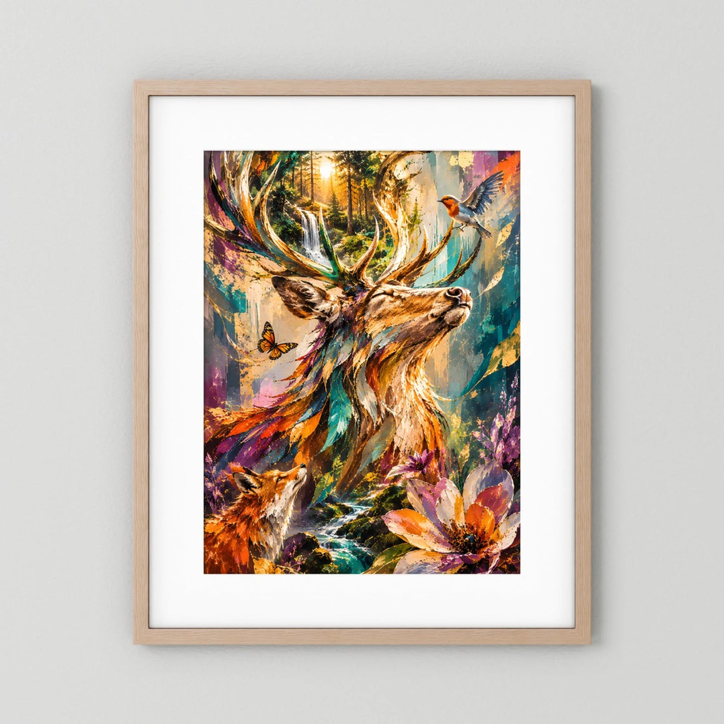 Poster mit Hirsch und bunten Blumen, hellbrauner Rahmen mit weißem Rand