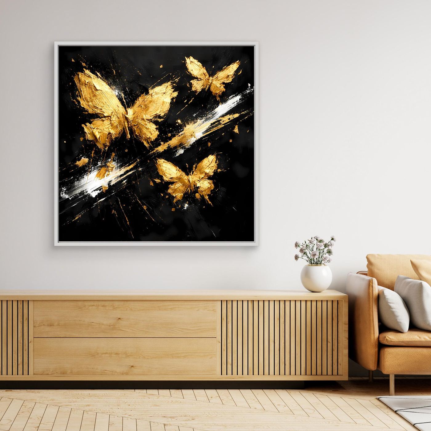 Leinwand Goldene Schmetterlinge im Flug | Abstraktes Modernes Wandbild