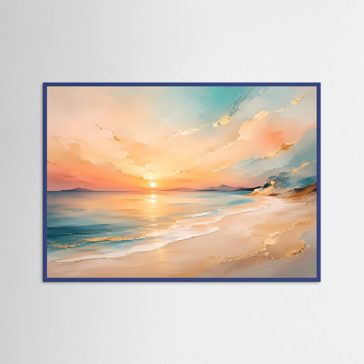 Poster mit Strand bei Sonnenuntergang, querformat mit blauem Rahmen