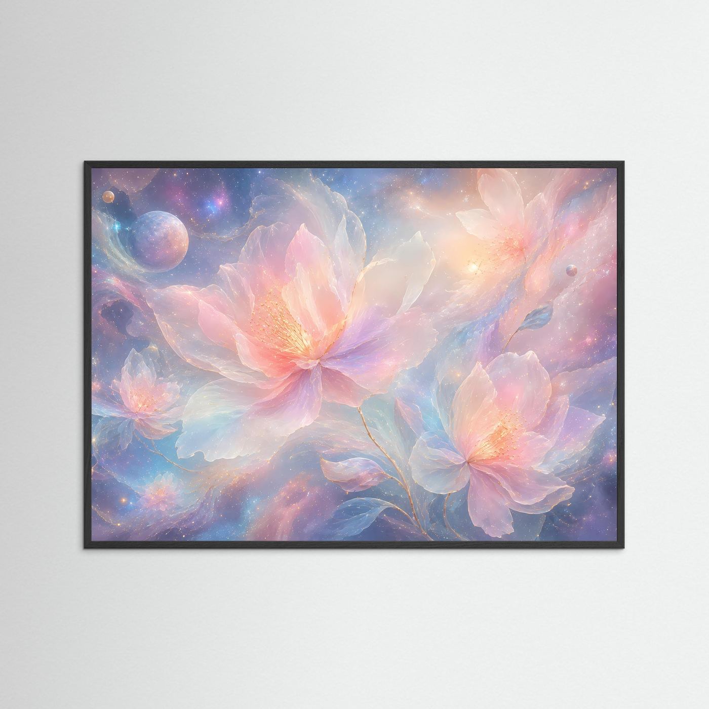 Kosmische Blumen Poster | Pastell Galaxy Wandkunst | Surreale Blumen mit Sternenhimmel | Modernes Fantasy Wandbild
