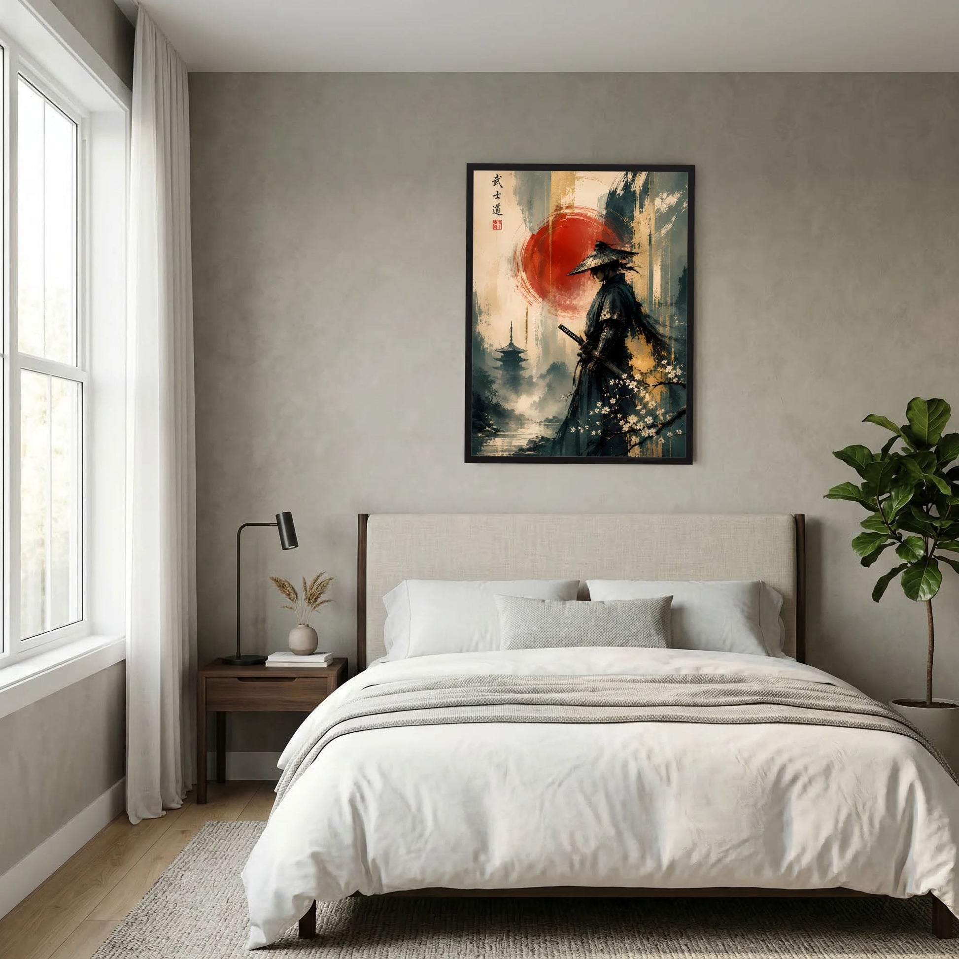 Gerahmtes Poster mit Samurai und roter Sonne über Bergkulisse, im Hochformat.