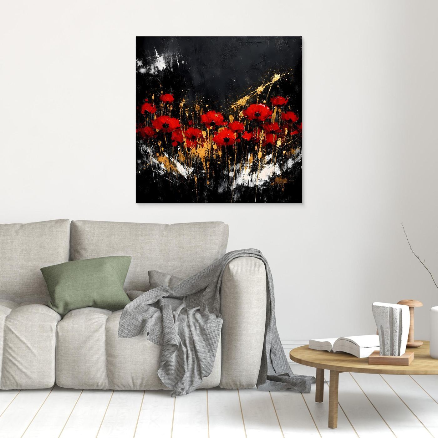 Leinwand Rote Mohnblumen mit Gold-Akzenten | Modernes Florales Wandbild Abstrakt