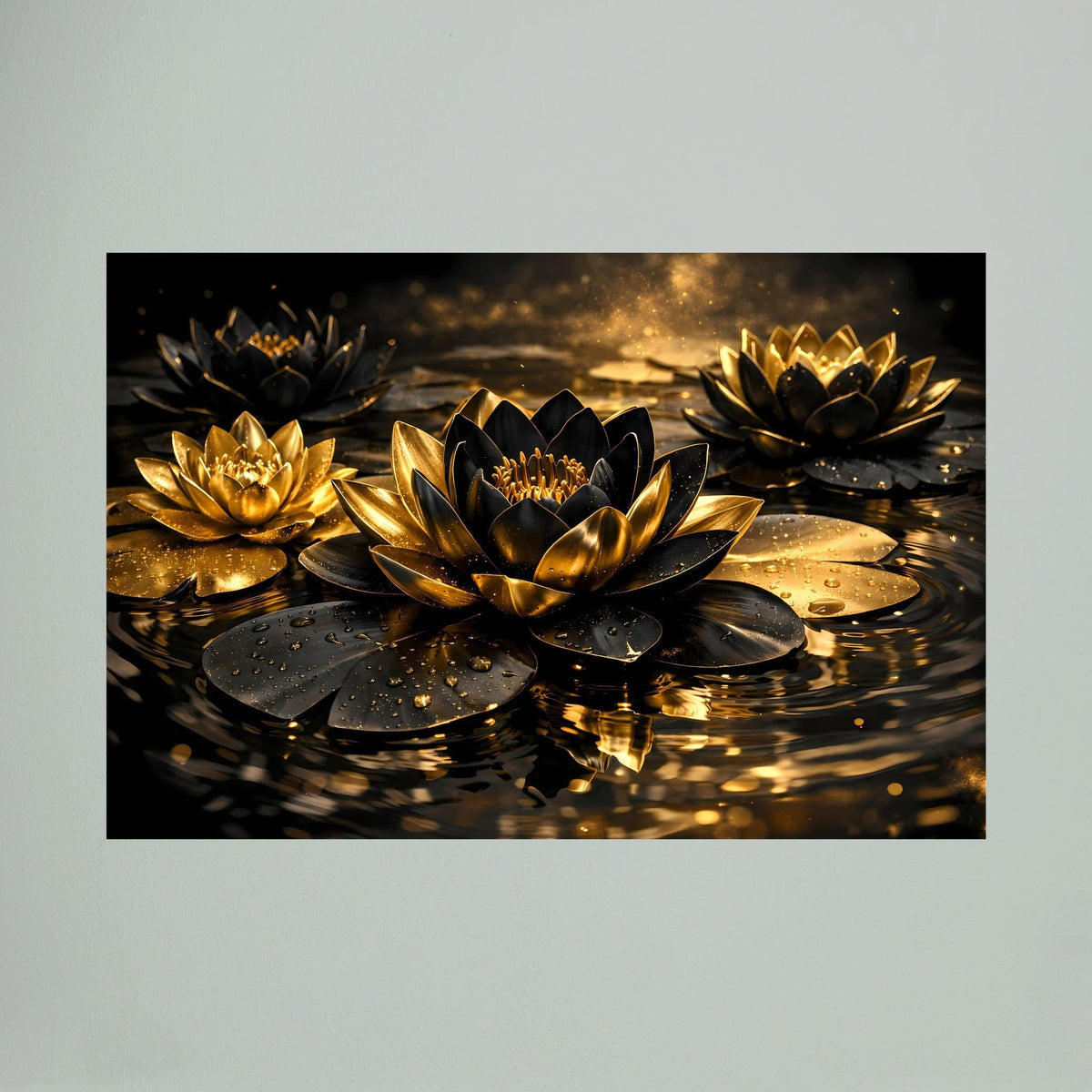 Wandbild im Querformat mit goldenen Lotusblüten auf dunklem Wasser und goldenen Reflexen