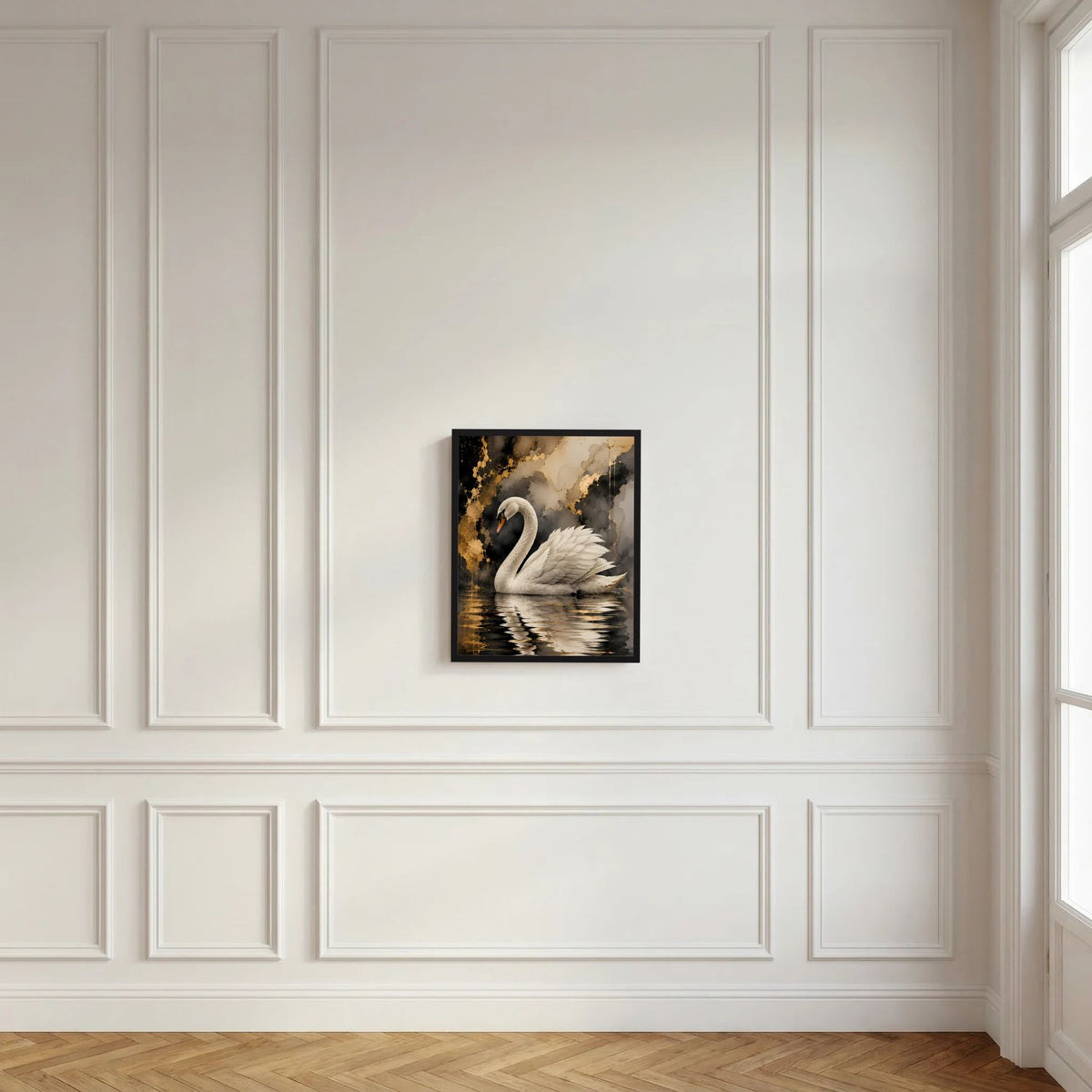Schwarzes Rahmenposter mit weißem Schwan auf goldenem Wasser, Gold-Schwarz abstrakt