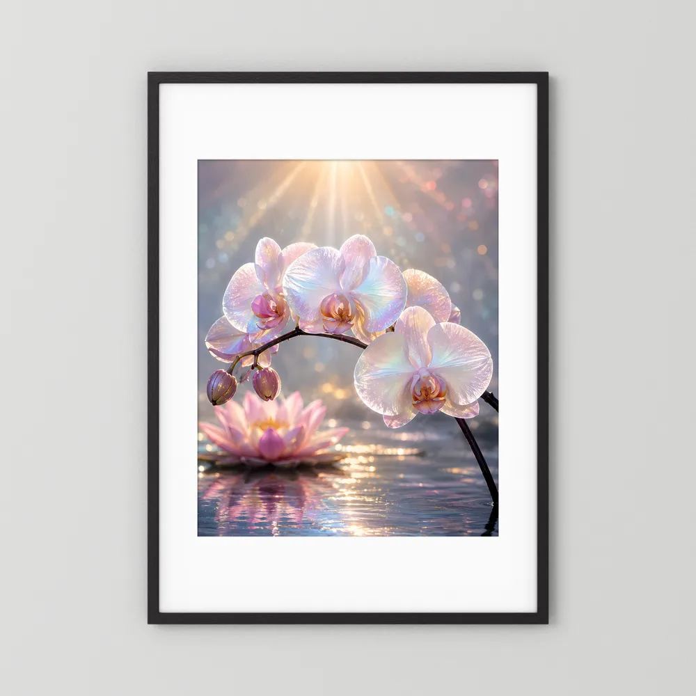 Blumenposter mit Orchideenblüten und Lotusblüte, schwarzer Rahmen mit weißem Rand