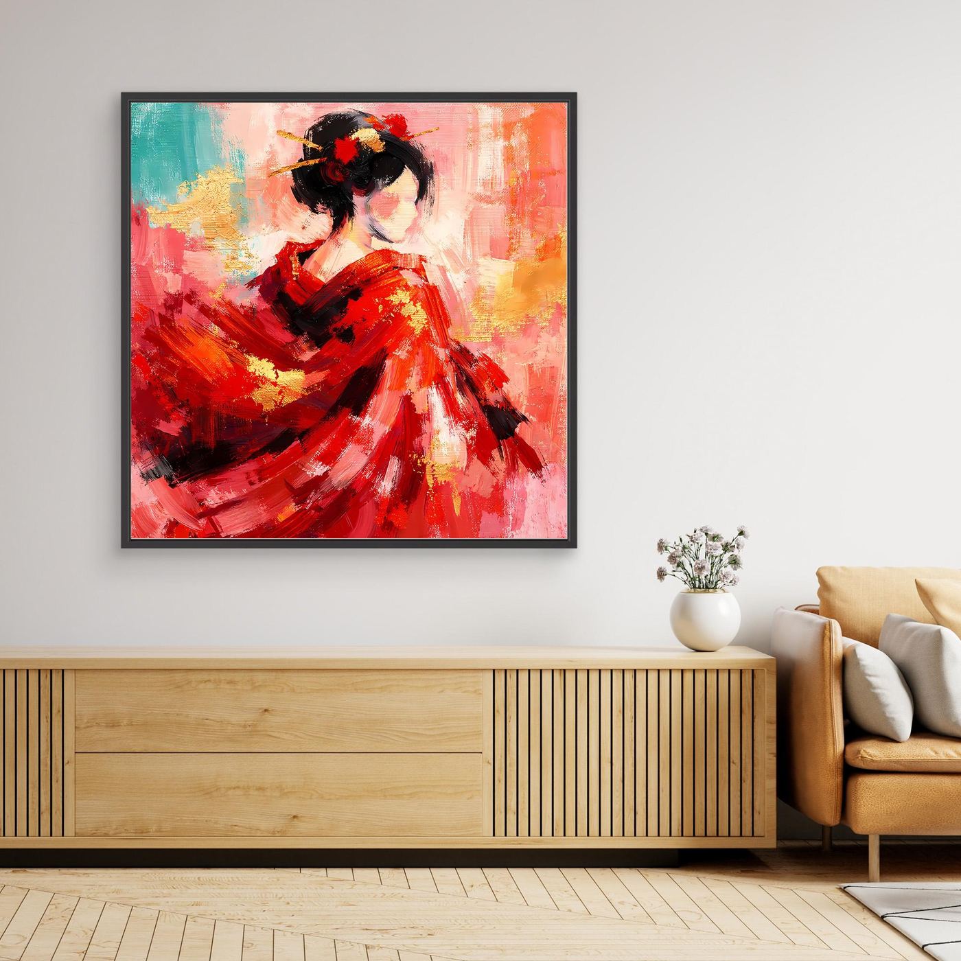 Leinwandbild mit roter abstrakter Geisha im Porträt, schwarzer Rahmen