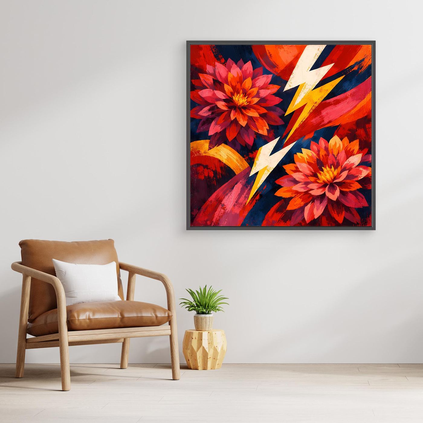 Gerahmtes Blumen-Leinwandbild mit roten und orangefarbenen Blüten, gelben Blitzlinien und Holzrahmen