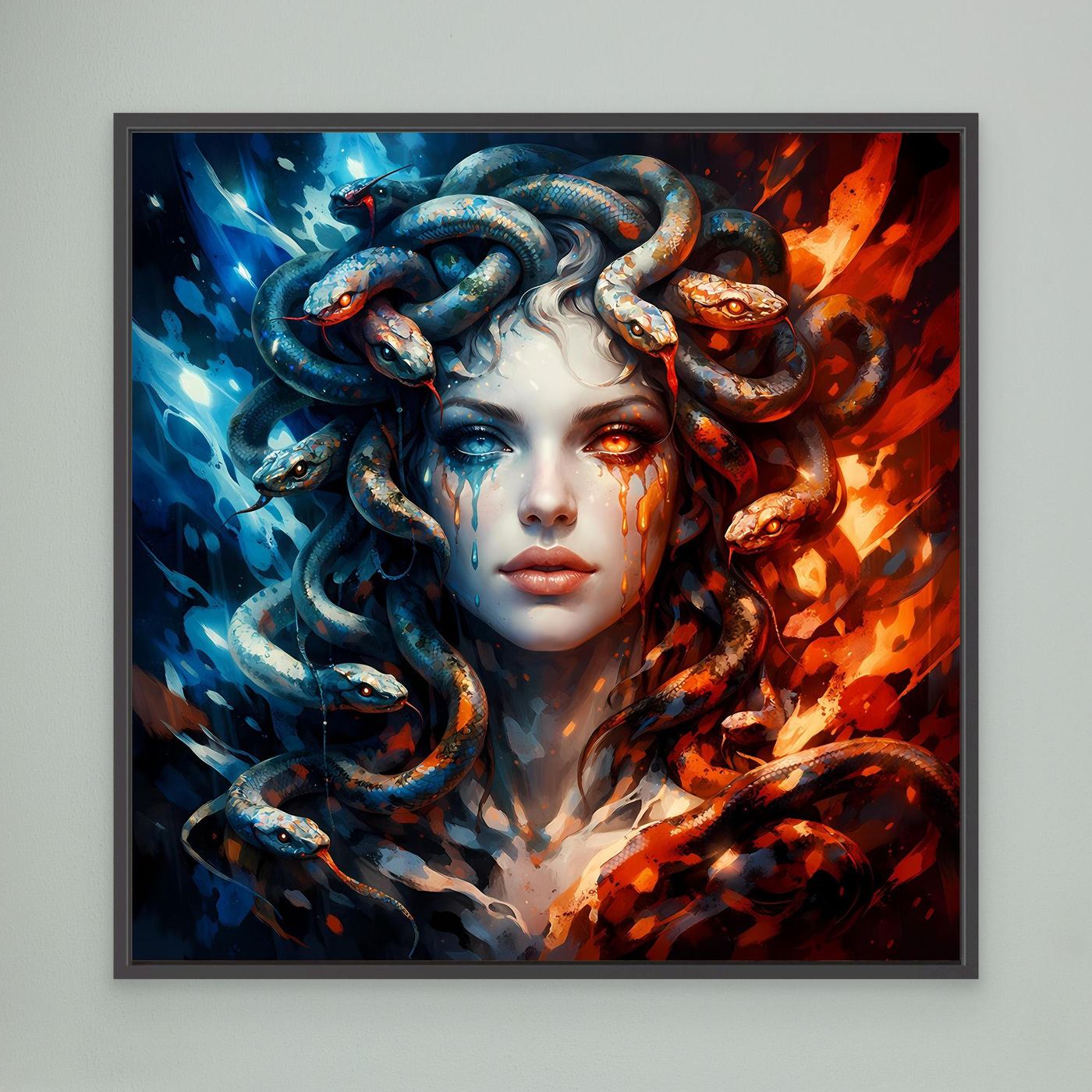 Leinwand Mystische Medusa im Feuer- und Eis-Kontrast | Modernes Fantasy Wandbild