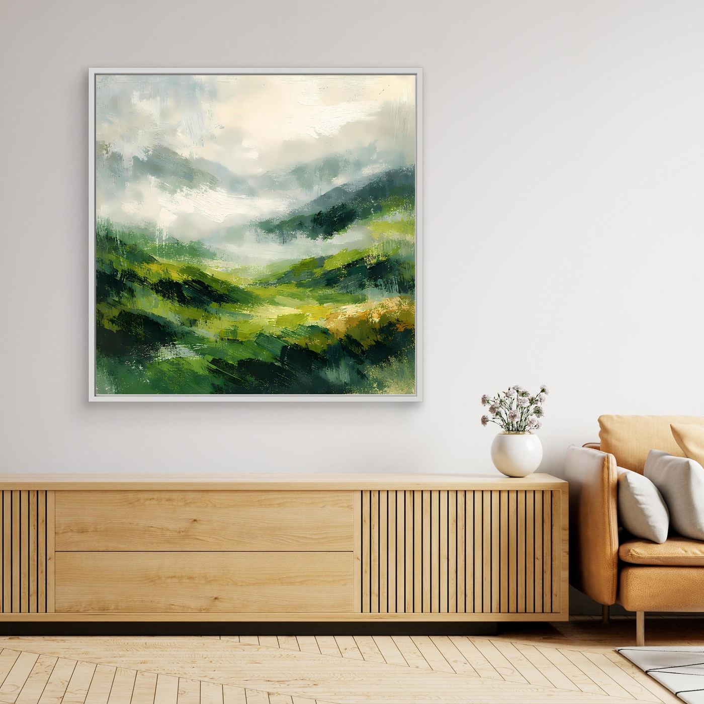 Leinwand Abstraktes Hügellandschaft Gemälde | Modernes Grünes Tal Wandbild Natur