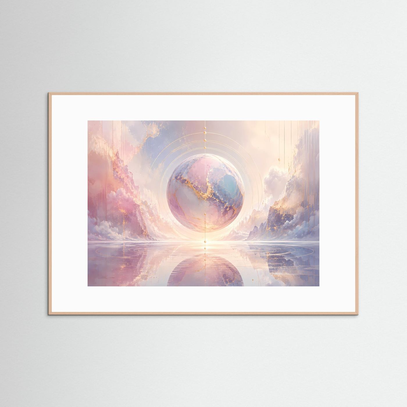 Abstrakte Sphäre Poster | Pastell Kosmos Wandbild mit Goldakzenten | Moderne Surreale Himmelskunst Querformat