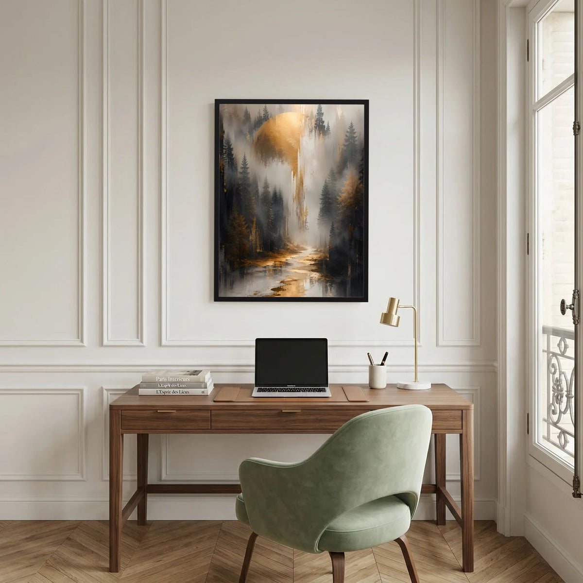 Gerahmtes Poster mit stiller Waldlandschaft, Fluss im Dunst, goldenes Licht