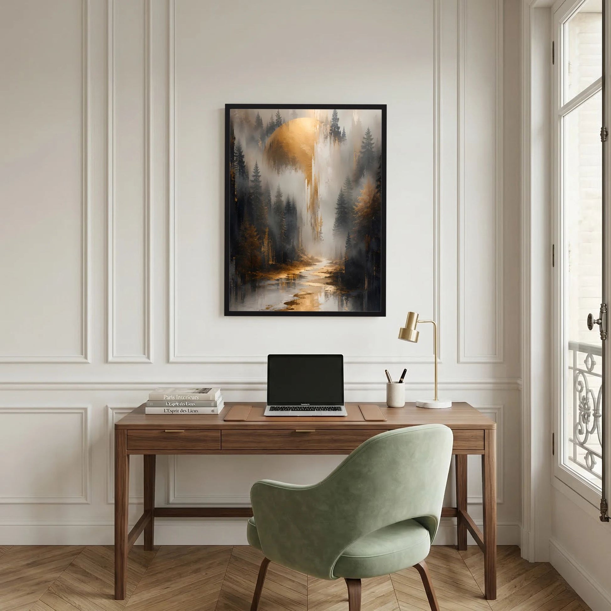 Gerahmtes Poster mit stiller Waldlandschaft, Fluss im Dunst, goldenes Licht