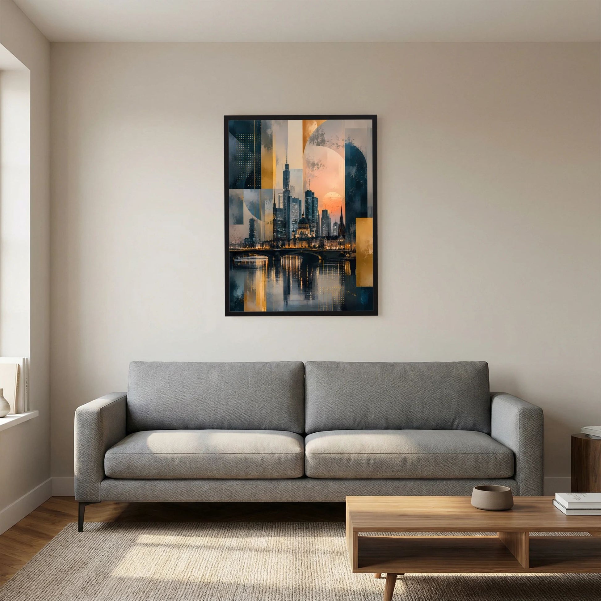 Poster im Hochformat mit abstrakter Skyline am Fluss, Gold und Petrol, schwarzer Rahmen