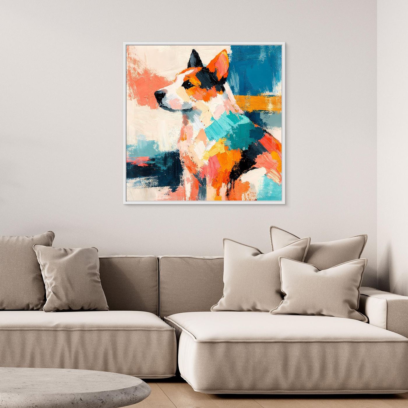 Leinwand-Wandbild mit abstraktem Hund im Pop-Art-Stil, mehrfarbige Flächen, Rahmen sichtbar