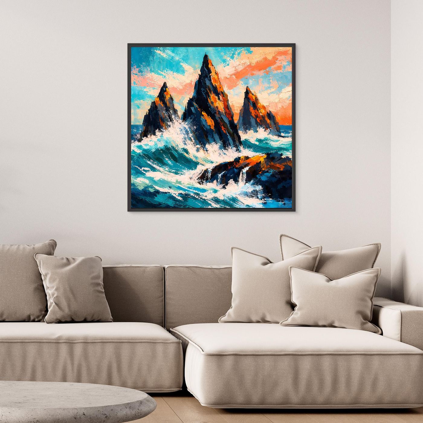 Gerahmtes Leinwand-Wandbild: dunkle Felsen in der Brandung, türkis- und orangefarbene Flächen