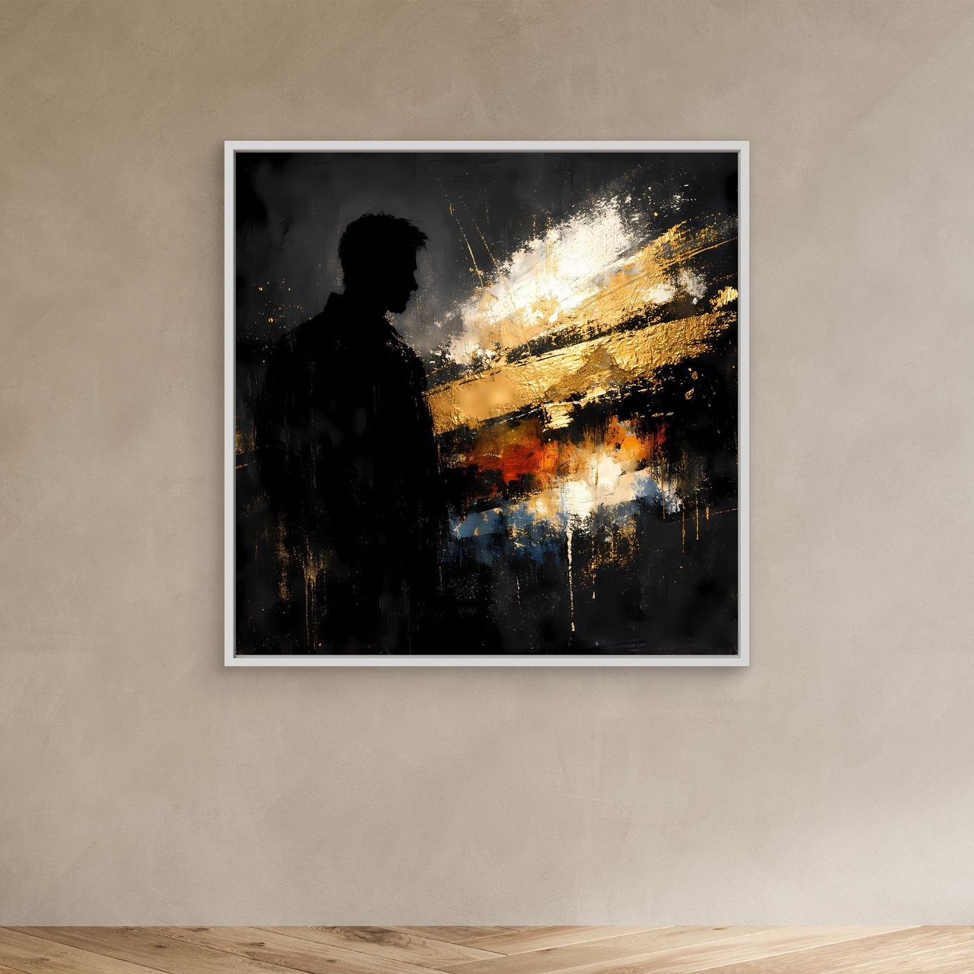 Leinwand Markante Silhouette in Gold und Schwarz | Modernes Abstraktes Männer Portrait Wandbild