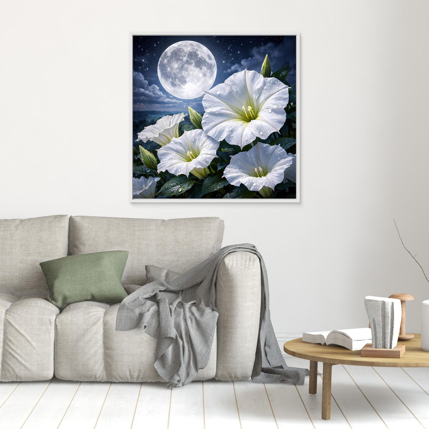 Leinwand-Wandbild mit weißen Blüten und Vollmond über dunklem Himmel