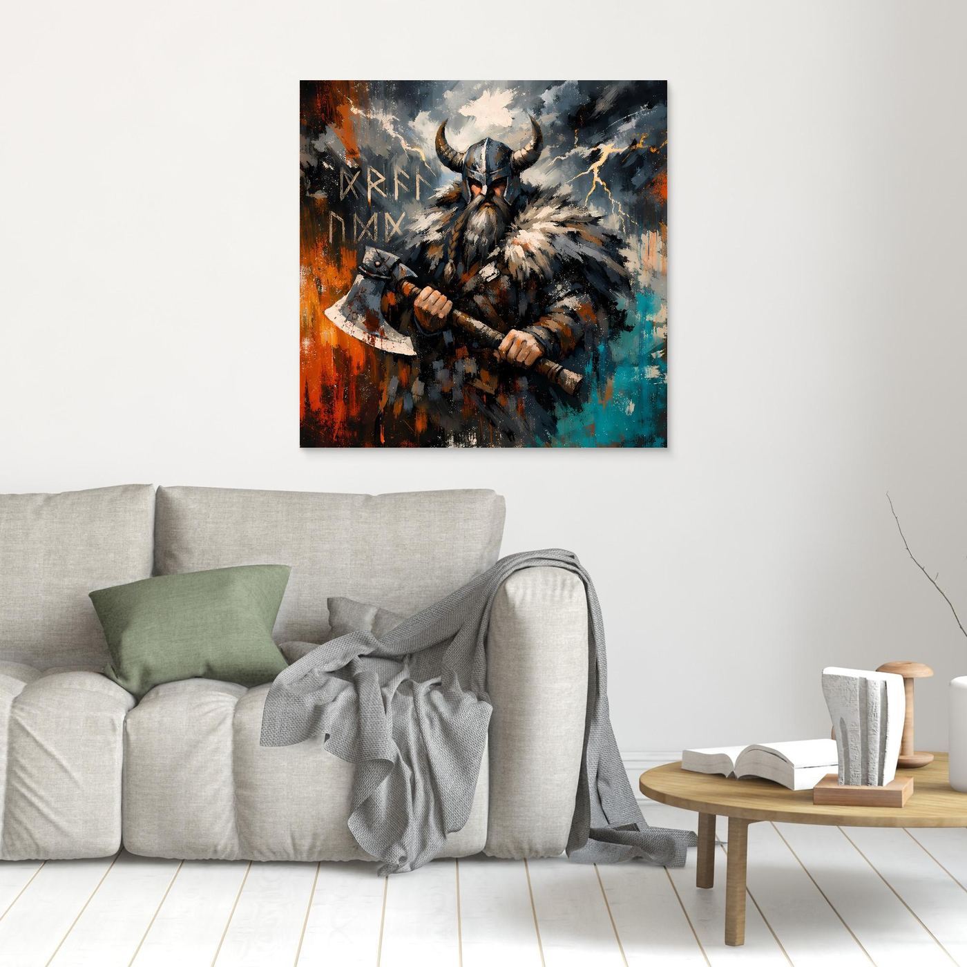 Wandbild mit Wikingerkrieger im Fellhelm und Streitaxt, abstrakt in Blau, Orange und Dunkel