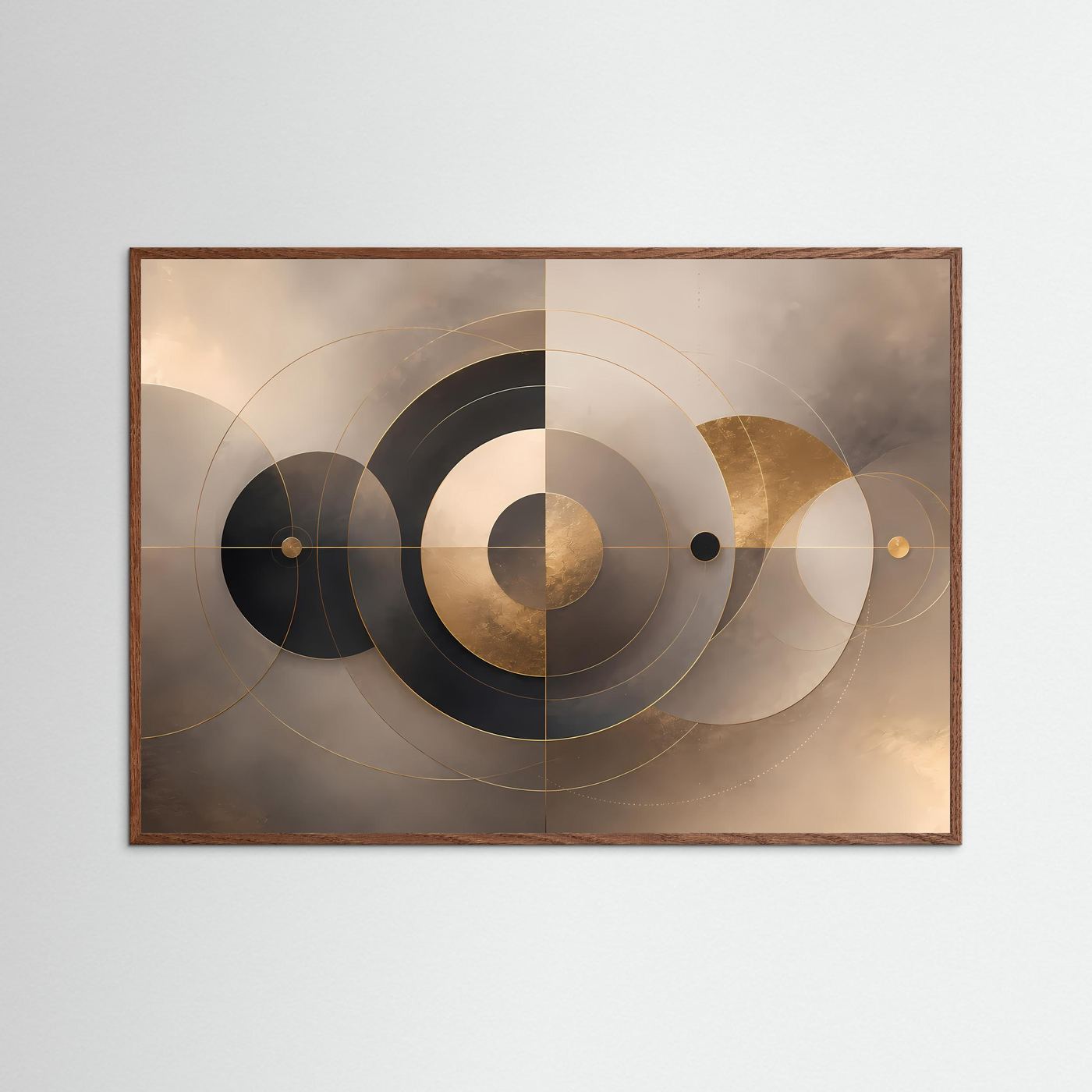 Querformat-Poster mit Kreisen in Beige, Gold und Schwarz im dunklen Eichenrahmen