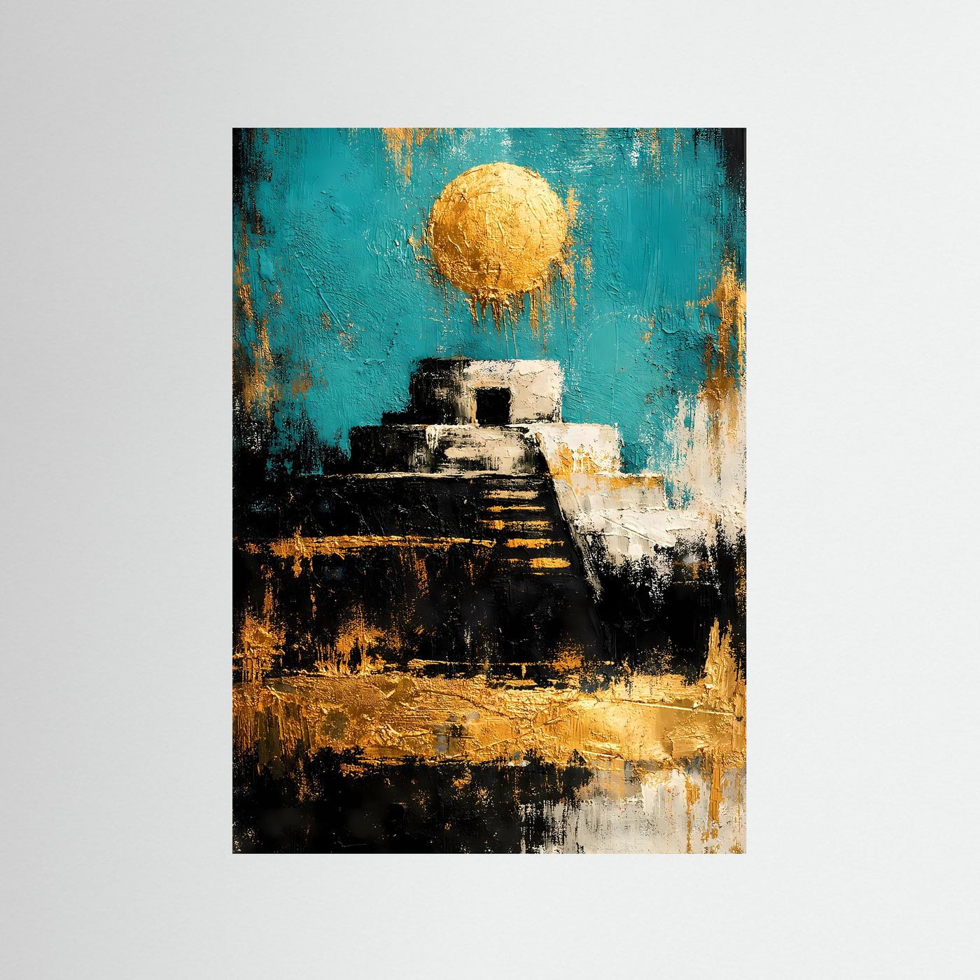 Abstraktes Kunstposter mit türkisfarbener Pyramide und goldenem Sonnenball