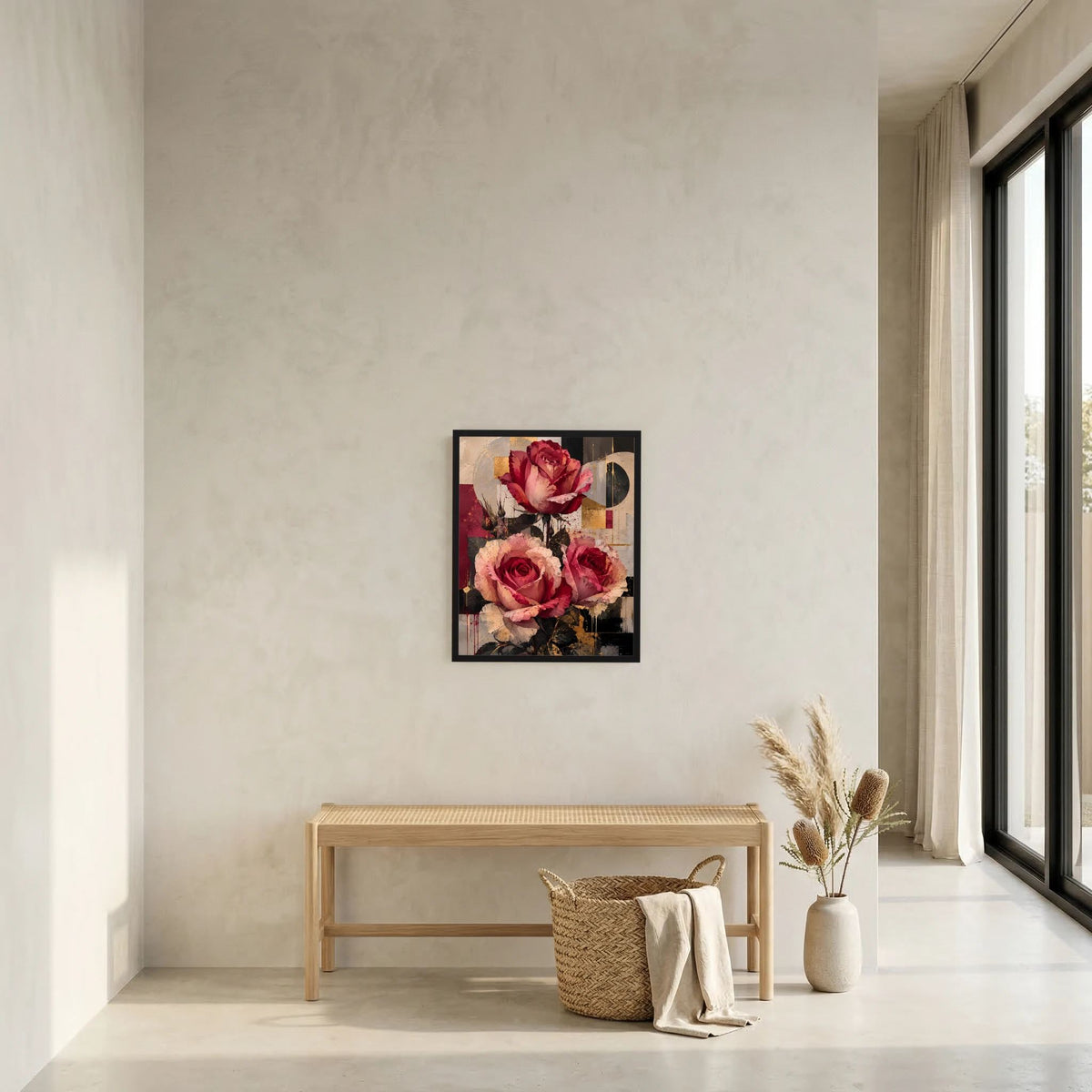 Gerahmtes Poster mit abstrakten Rosenblüten in Rot und Gold, schwarzer Rahmen
