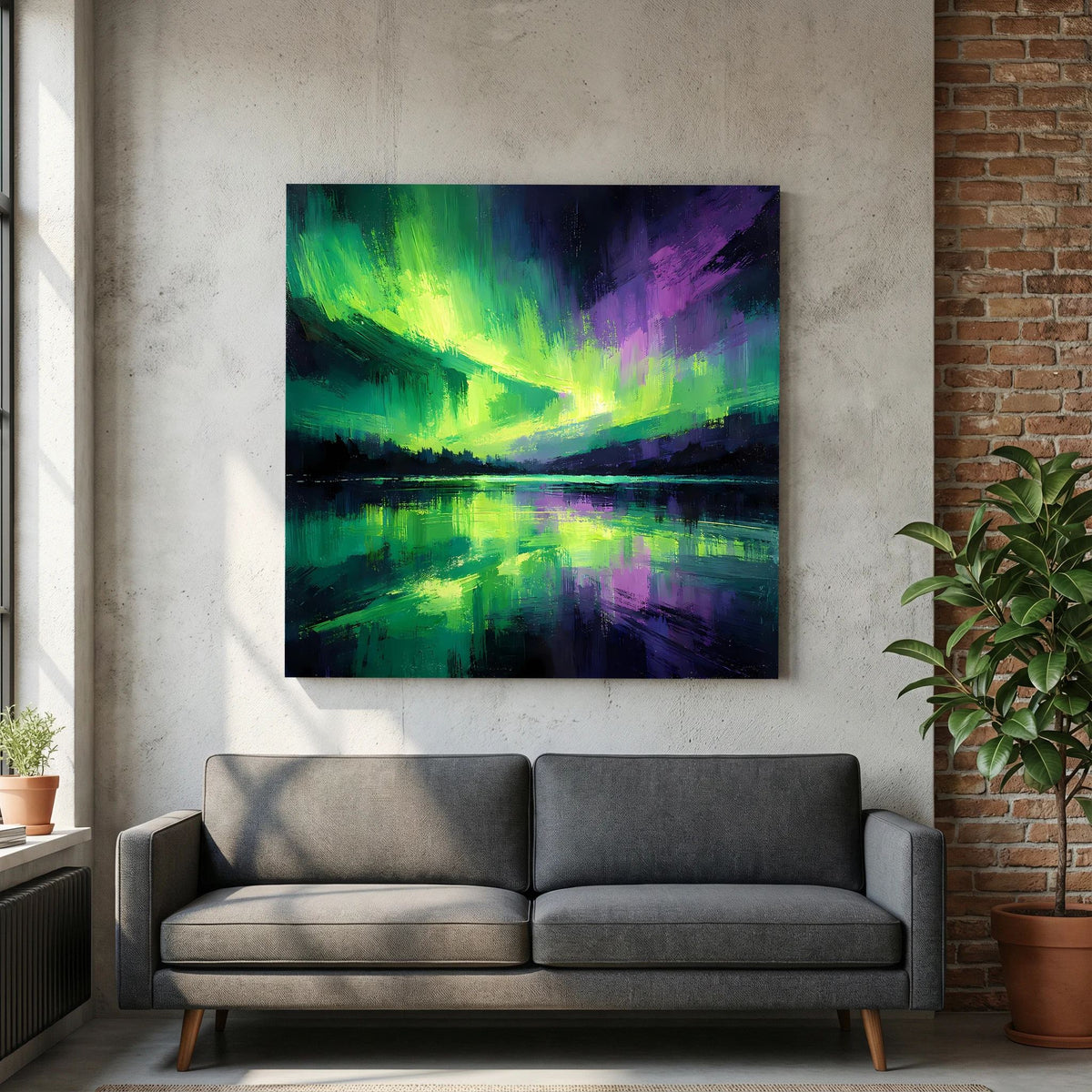 Leinwand-Wandbild: abstraktes Nordlicht in Grün, Violett und Blau über ruhigem See