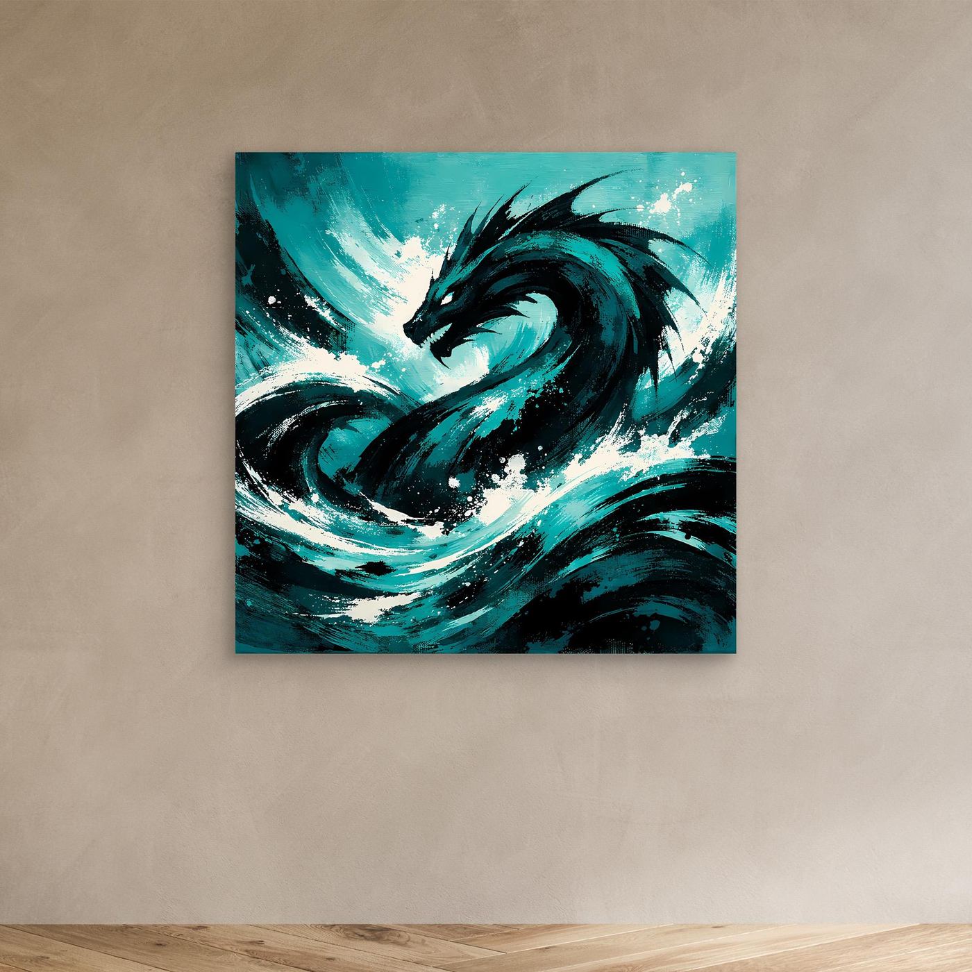 Abstraktes Ozean-Wandbild mit Seemonster-Drachen, türkis-schwarze Pinselwellen ohne Rahmen