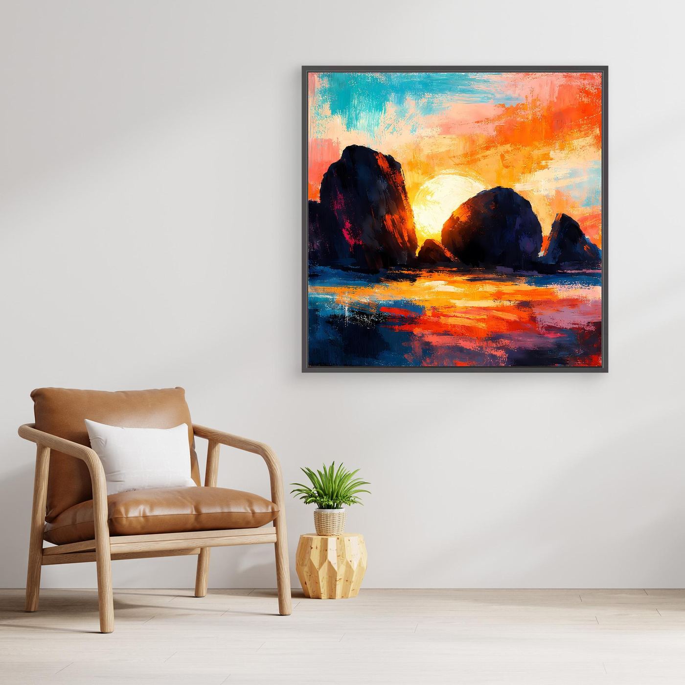 Abstraktes Leinwand-Wandbild mit Sonnenuntergang am Meer, mit schwarzem Rahmen