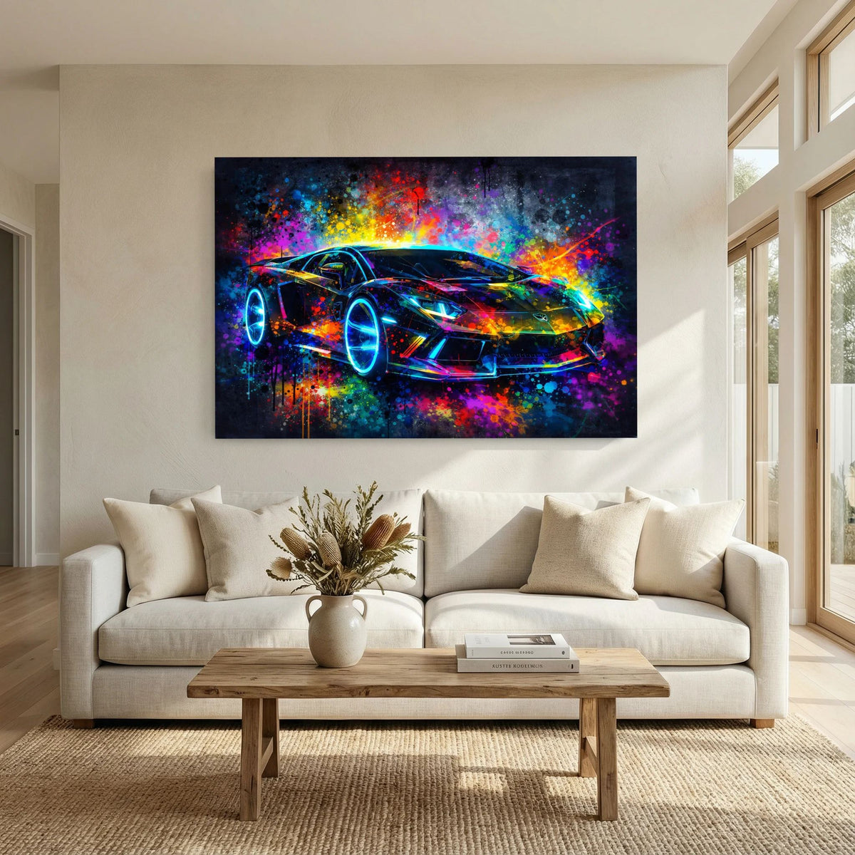 Abstraktes Sportwagen-Poster mit Neon-Supercar und regenbogenfarbenen Farbklecksen auf dunklem Grund