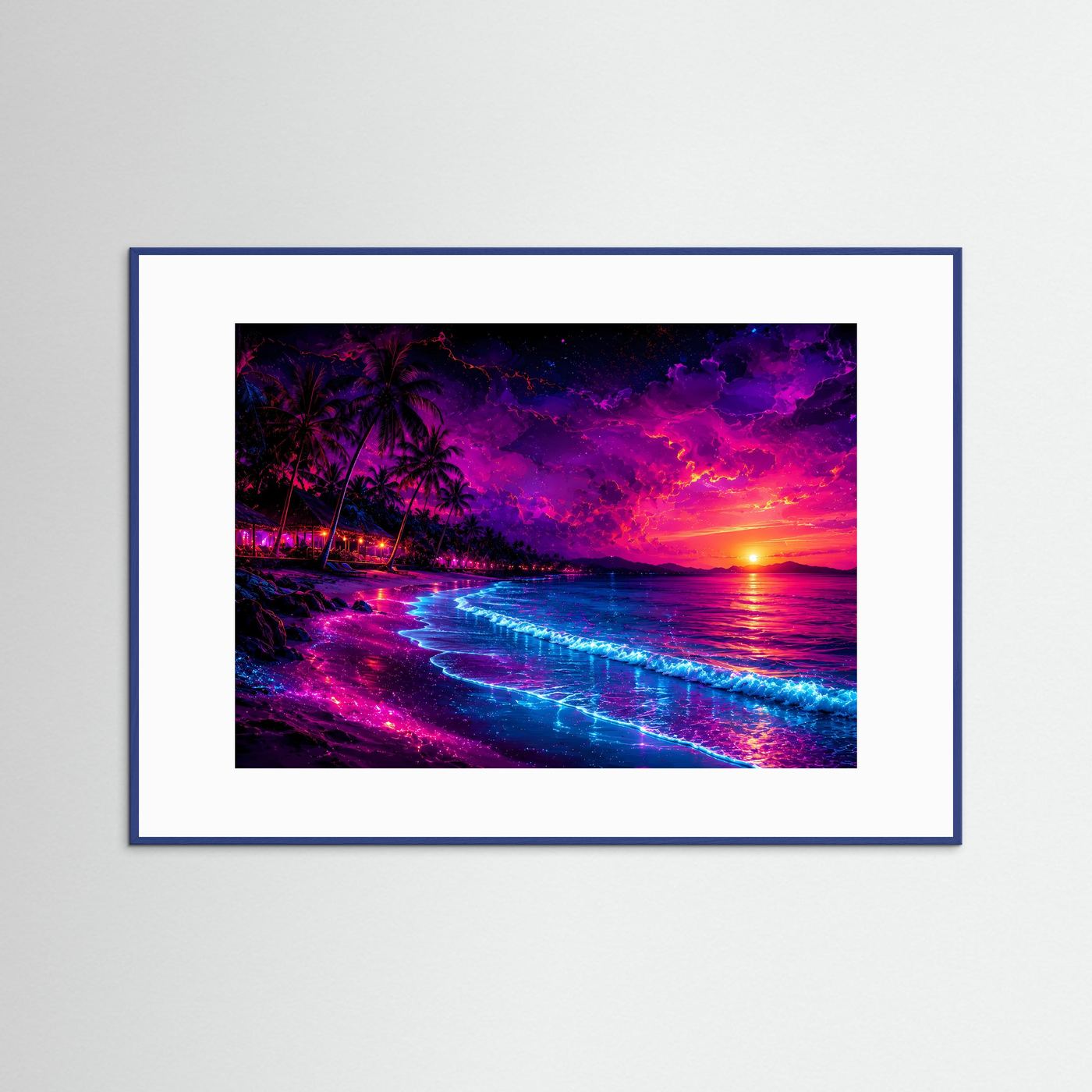 Neon Tropenparadies am Strand | Vibriendes Synthwave & Sunset Poster Querformat
