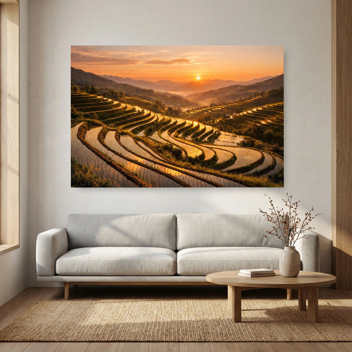 Wandbild mit Reisterrassen bei goldenem Sonnenuntergang, Landschaftsmotiv, Querformat