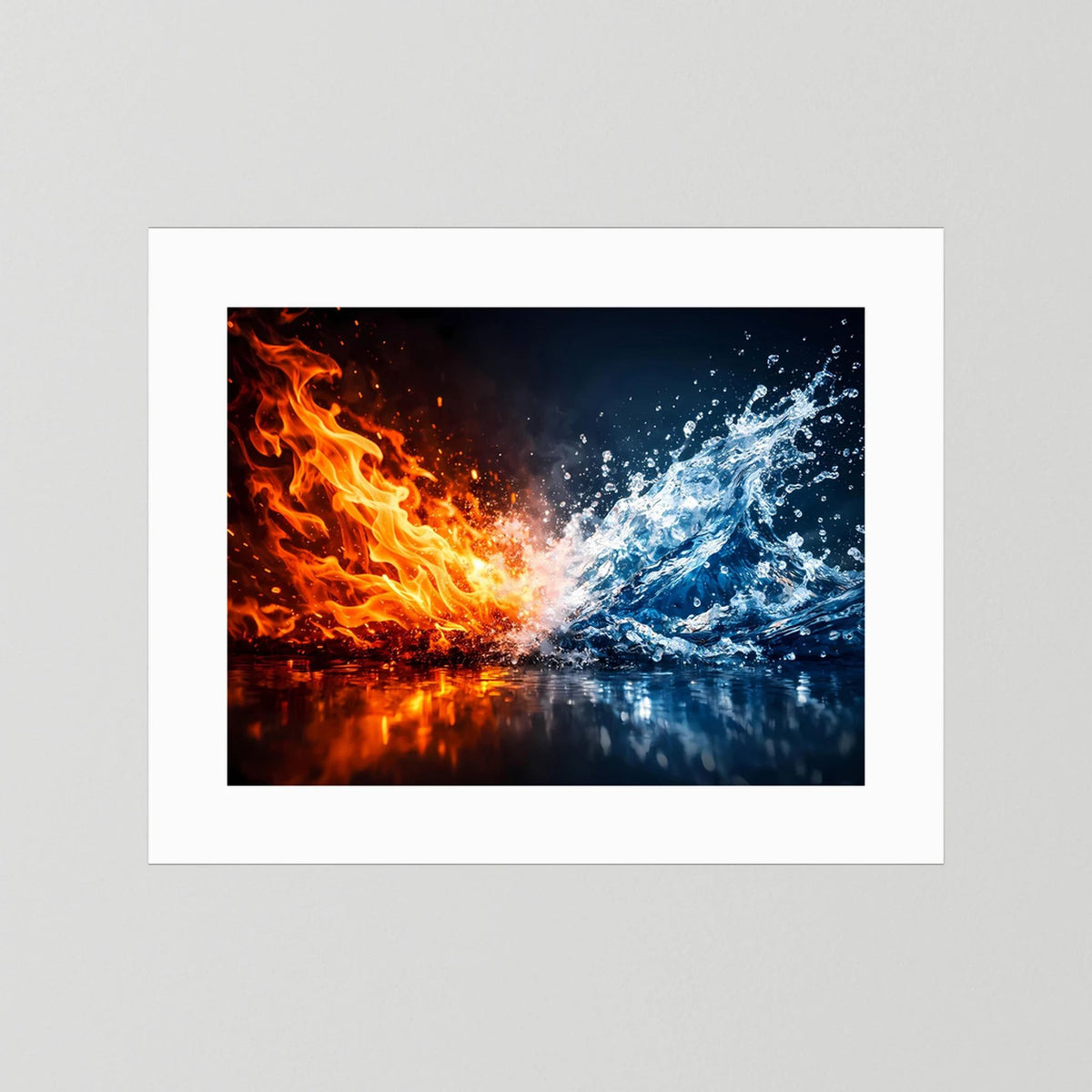 Querformatiges Kunstposter mit weißem Passepartout und Feuer-und-Wasser-Motiv