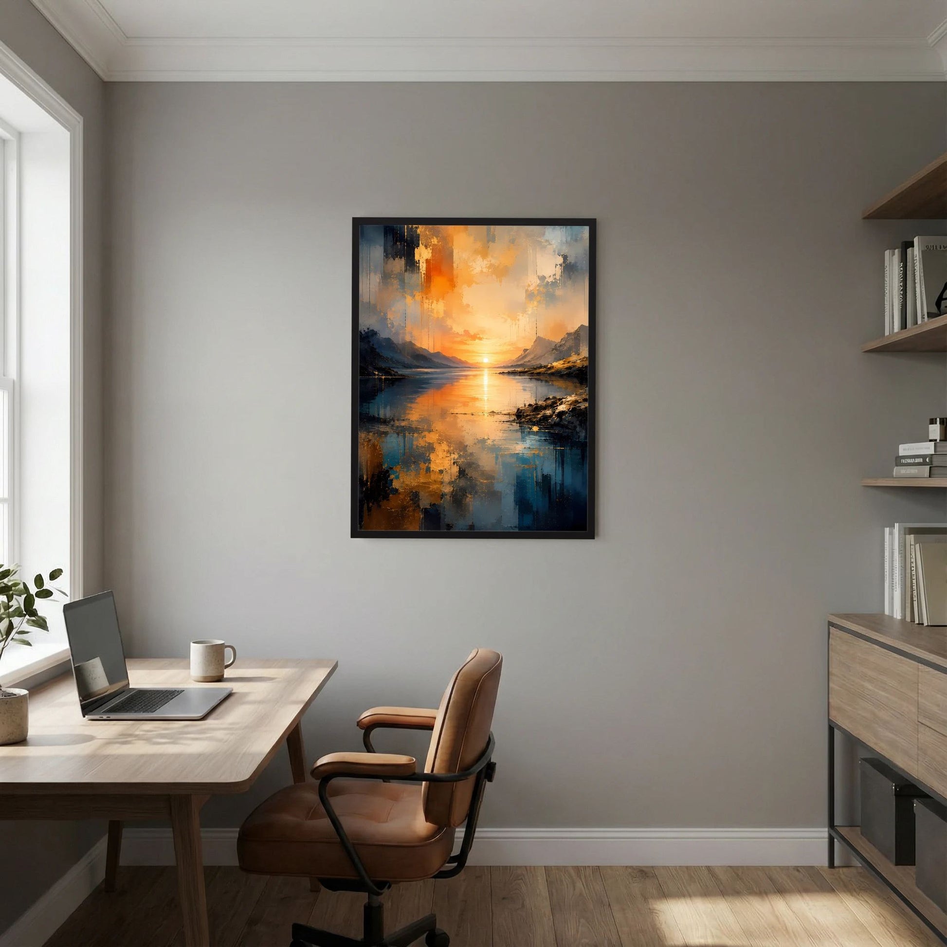 Gerahmtes Poster (Hochformat) mit abstrakten Bergen am Wasser, orange Sonnenlicht
