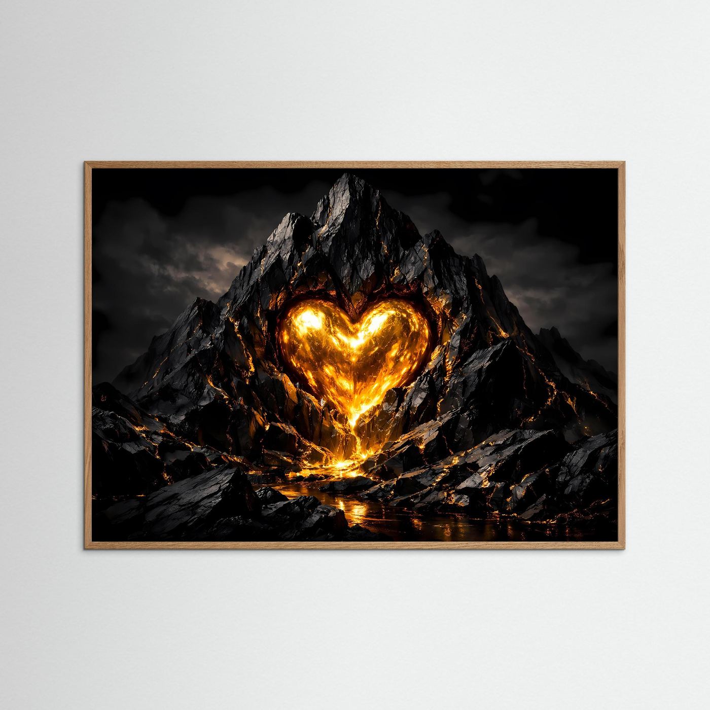 Glühendes Vulkanherz im Fels massiv | Feurige Magma Kunst & Herz Wandbild Querformat