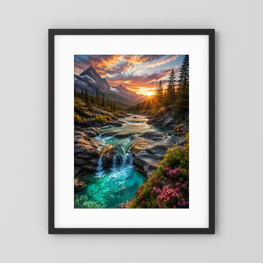 Hochformat-Poster mit türkisem Wasserfall im Alpen-Tal bei Sonnenuntergang, schwarzer Rahmen mit Rand