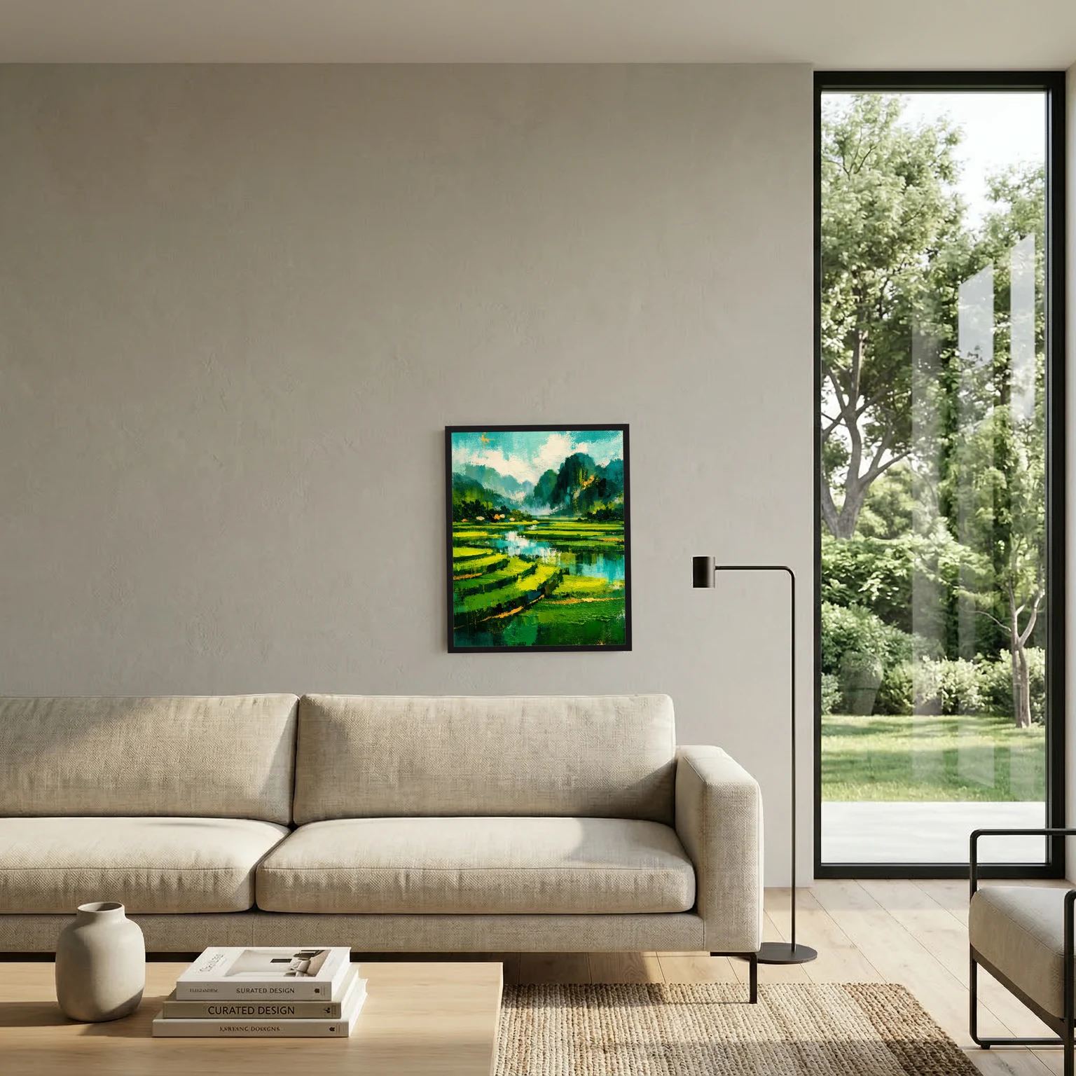 Gerahmtes Grünes Landschafts-Poster mit Fluss und Wiesen