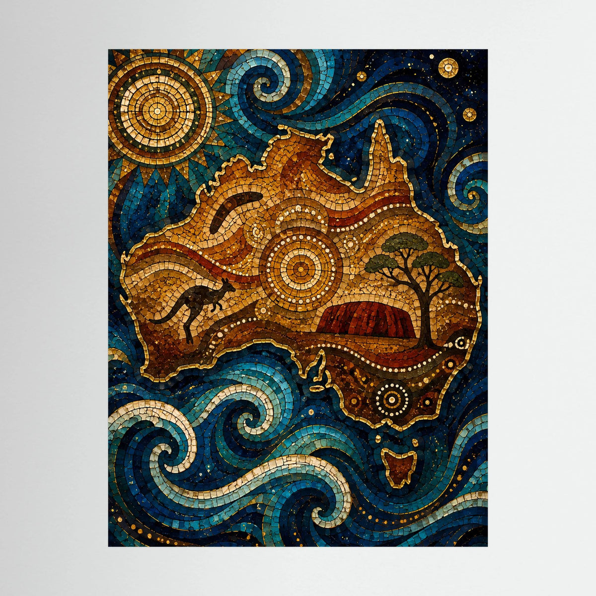 Nahansicht Poster mit Mosaiklandschaft: Wellen und Sonne in Blau und Gold