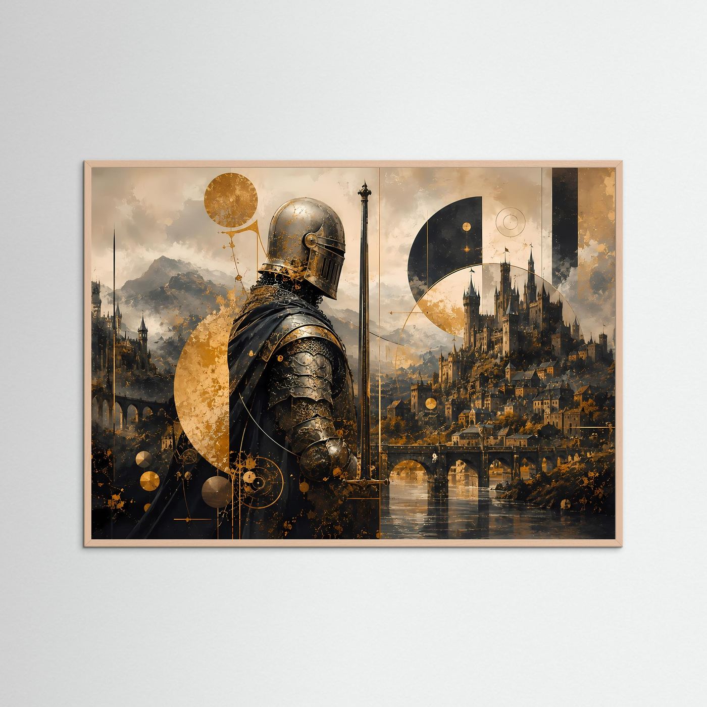 Mittelalterlicher Ritter vor Burg | Mystische Schwarz-Gold Kunst