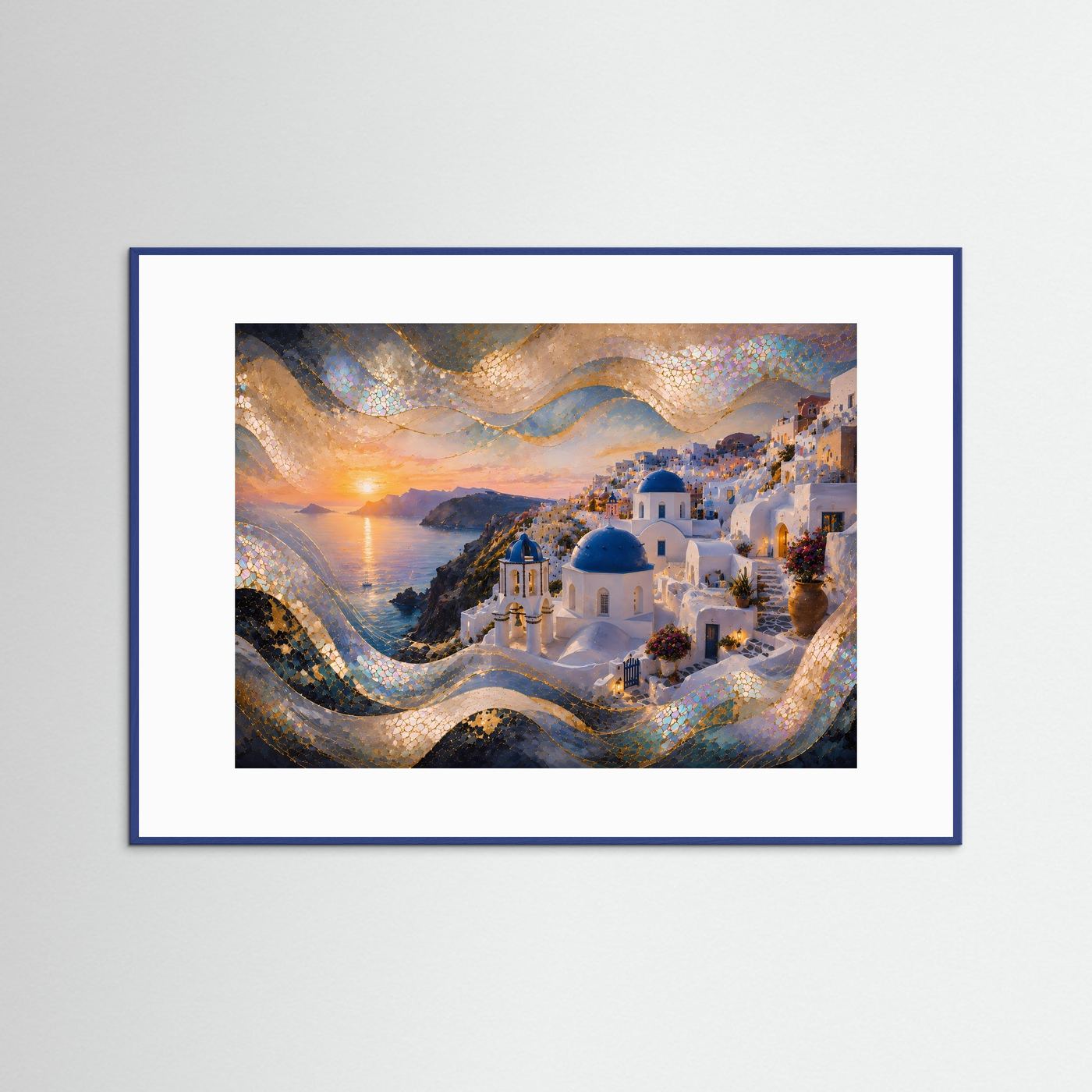 Santorini im goldenen Sonnenuntergang | Mediterrane Wandkunst mit Perlmutt