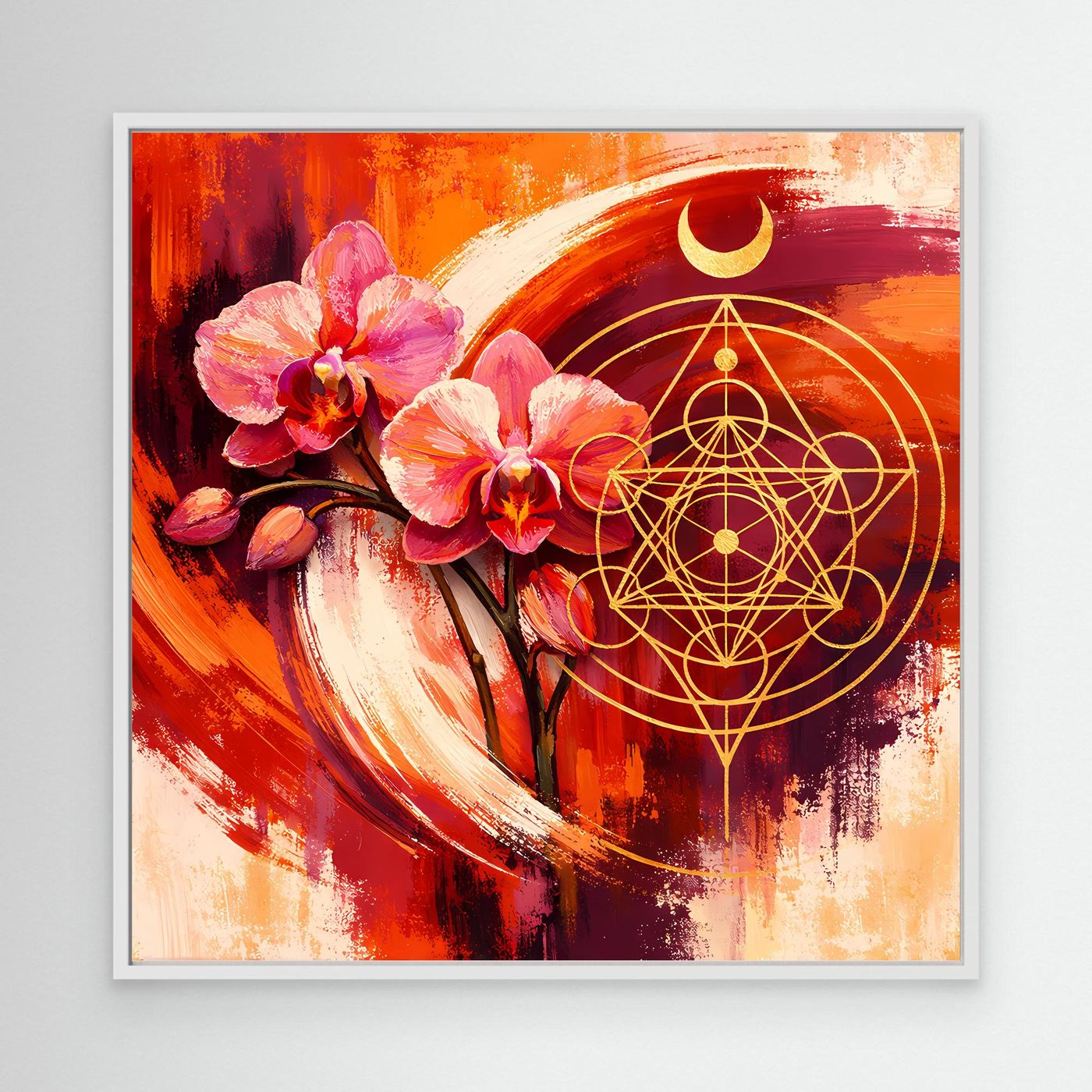 Abstraktes Wandbild mit Orchideen und goldener Geometrie, mit hellem Rahmen