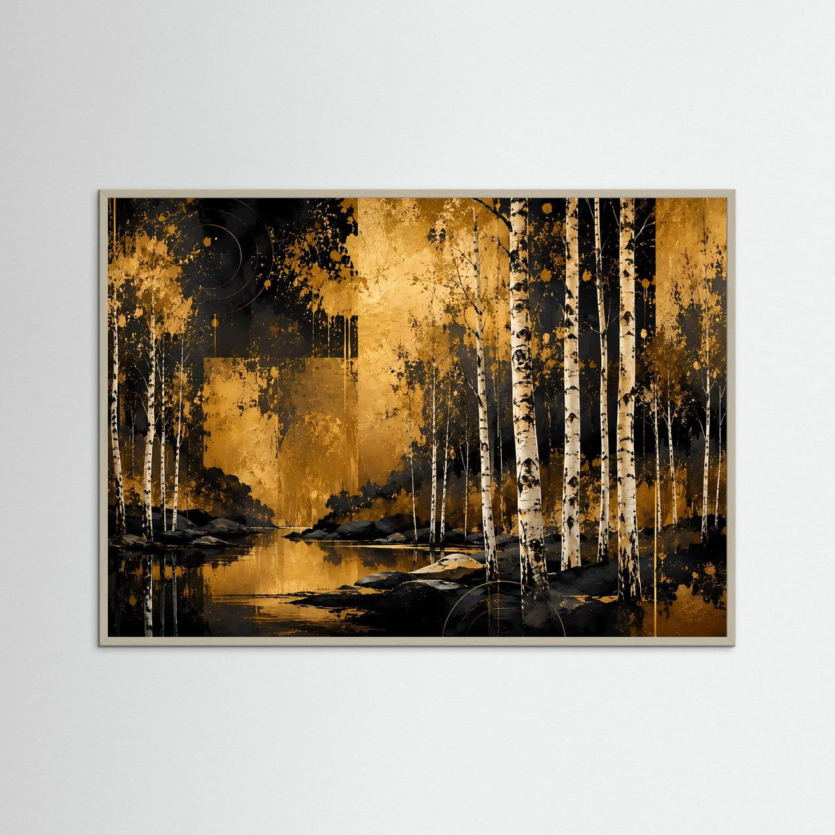 Abstraktes Waldlandschafts-Poster in Schwarz und Gold, im braunen Rahmen, Querformat