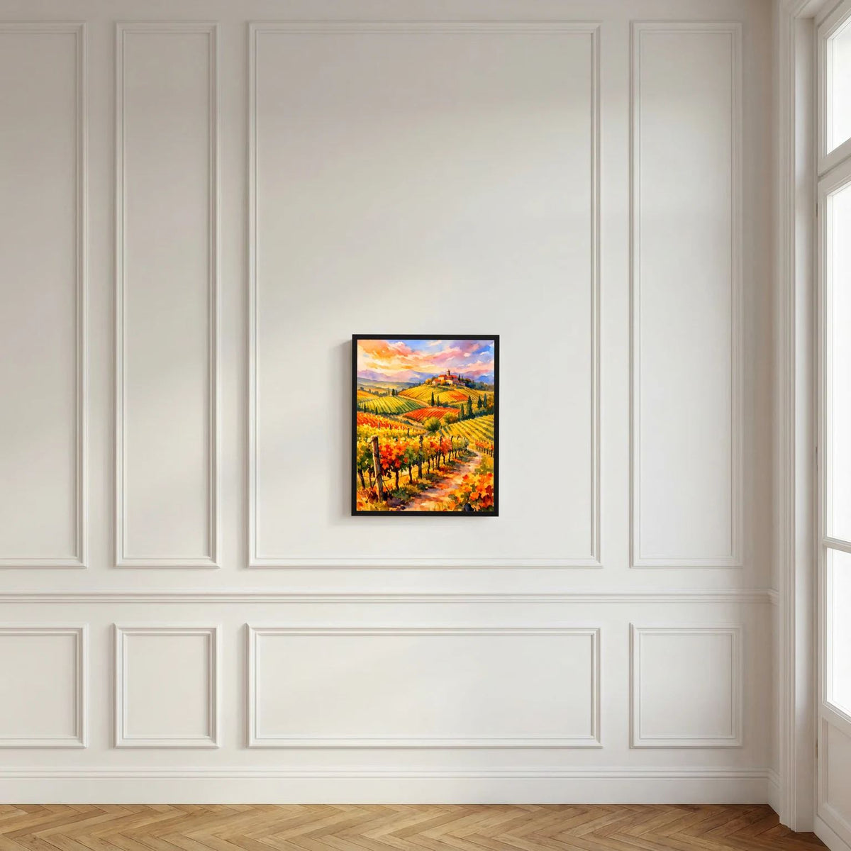 Kleines Wandbild-Poster mit Toskana-Weinbergen im Hochformat, gerahmt in dunklem Rahmen