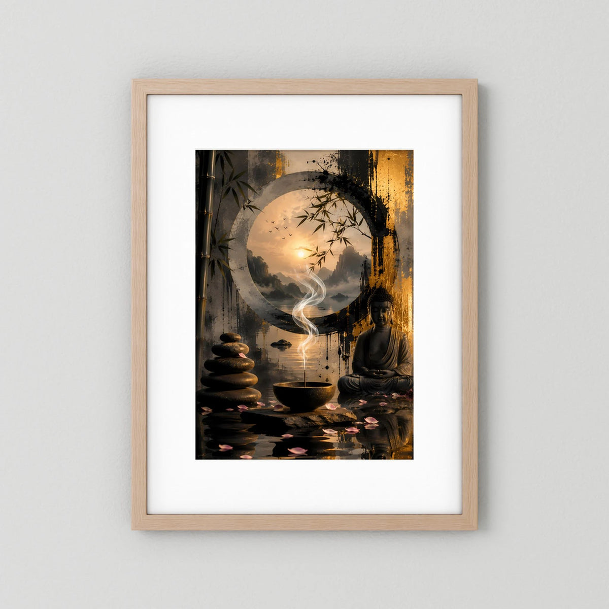 Poster mit hellem Holzrahmen: sitzender Buddha im Rundmotiv, Räucherrauch und Teeschale