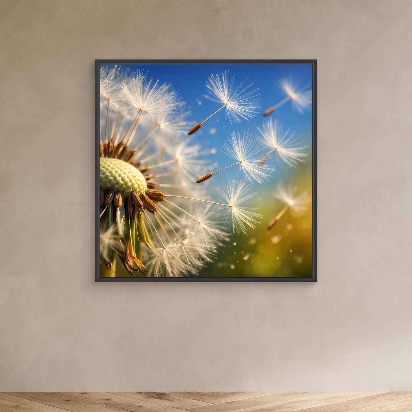 Leinwandbild mit Makro-Pusteblume und fliegenden Löwenzahnsamen im schwarzen Rahmen