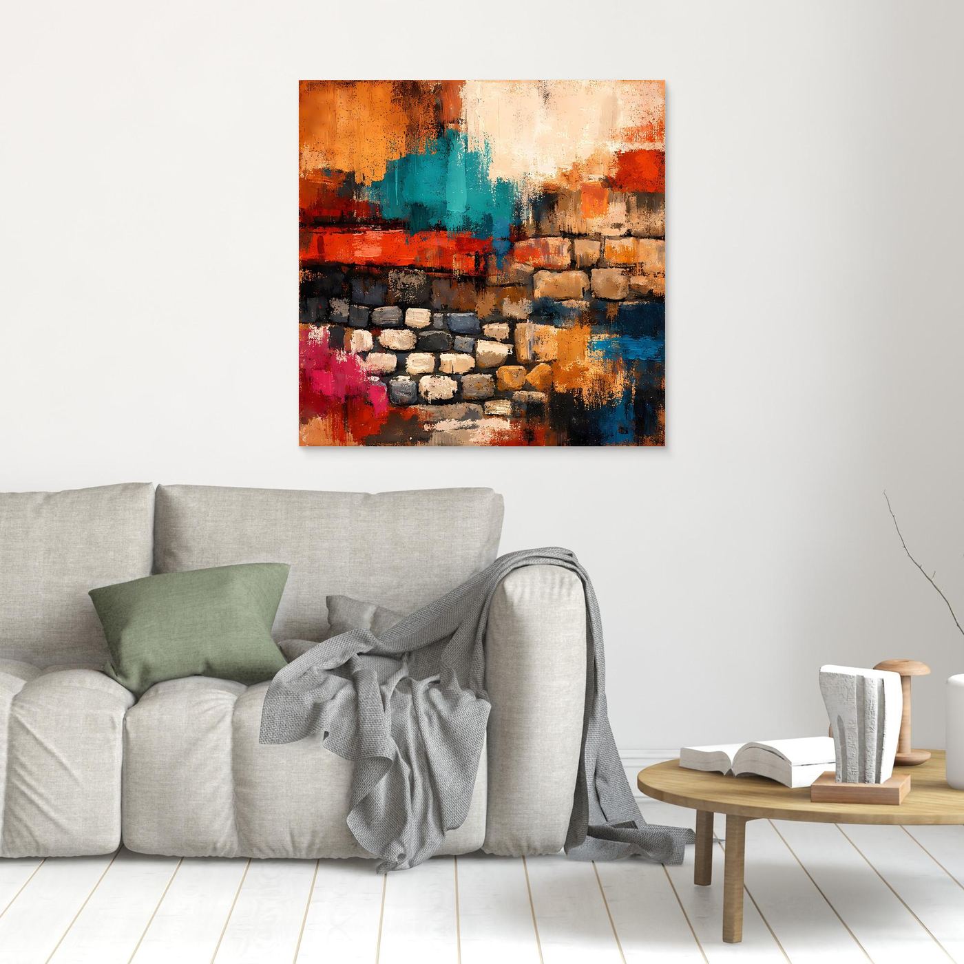 Kleines Leinwand-Wandbild mit abstrakter Steinmauer, Orange-, Türkis- und Blautöne, orangefarben gerahmt